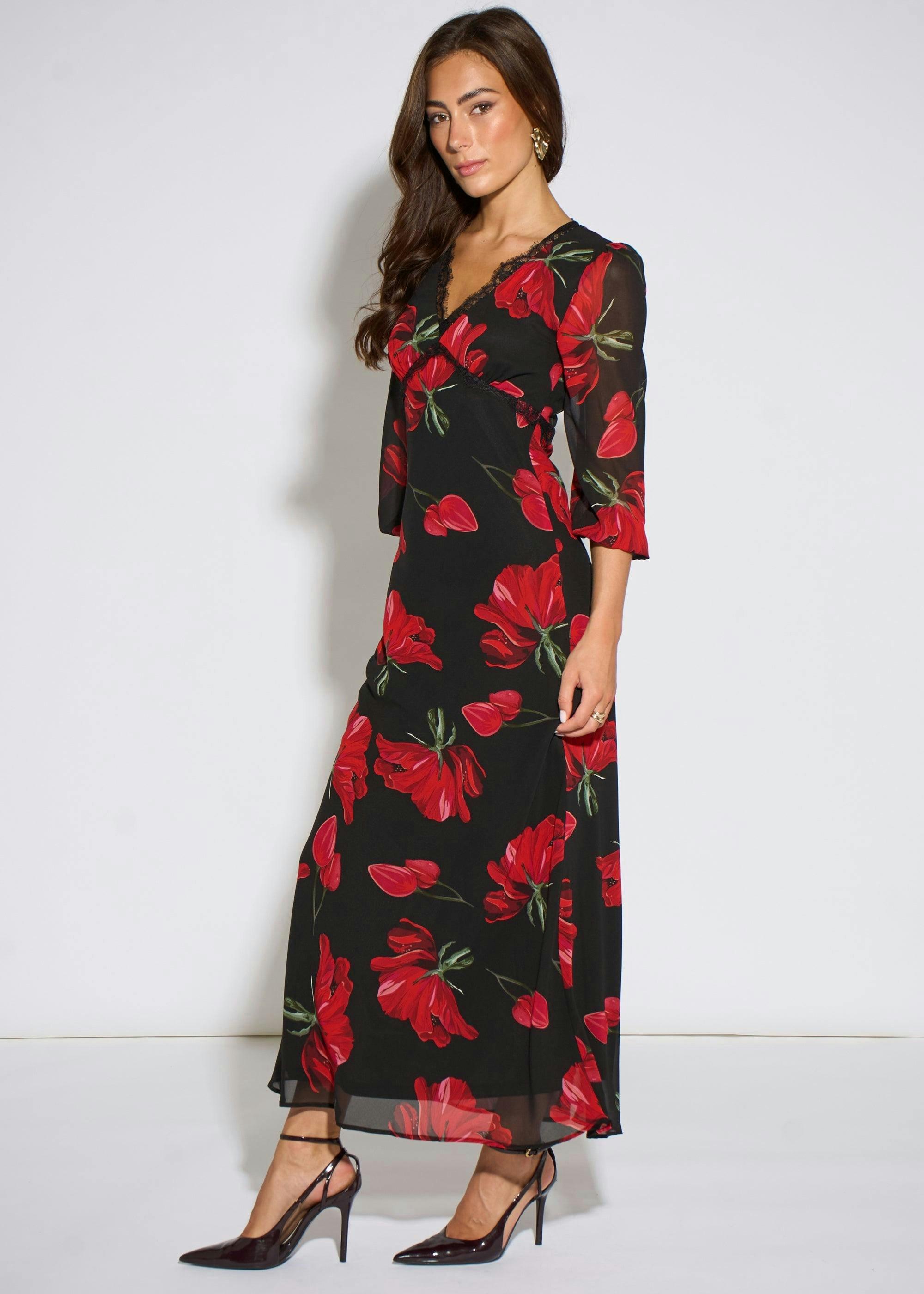 Black Base Red Bloom Lace Trim Midi Dress , view 4 of 4