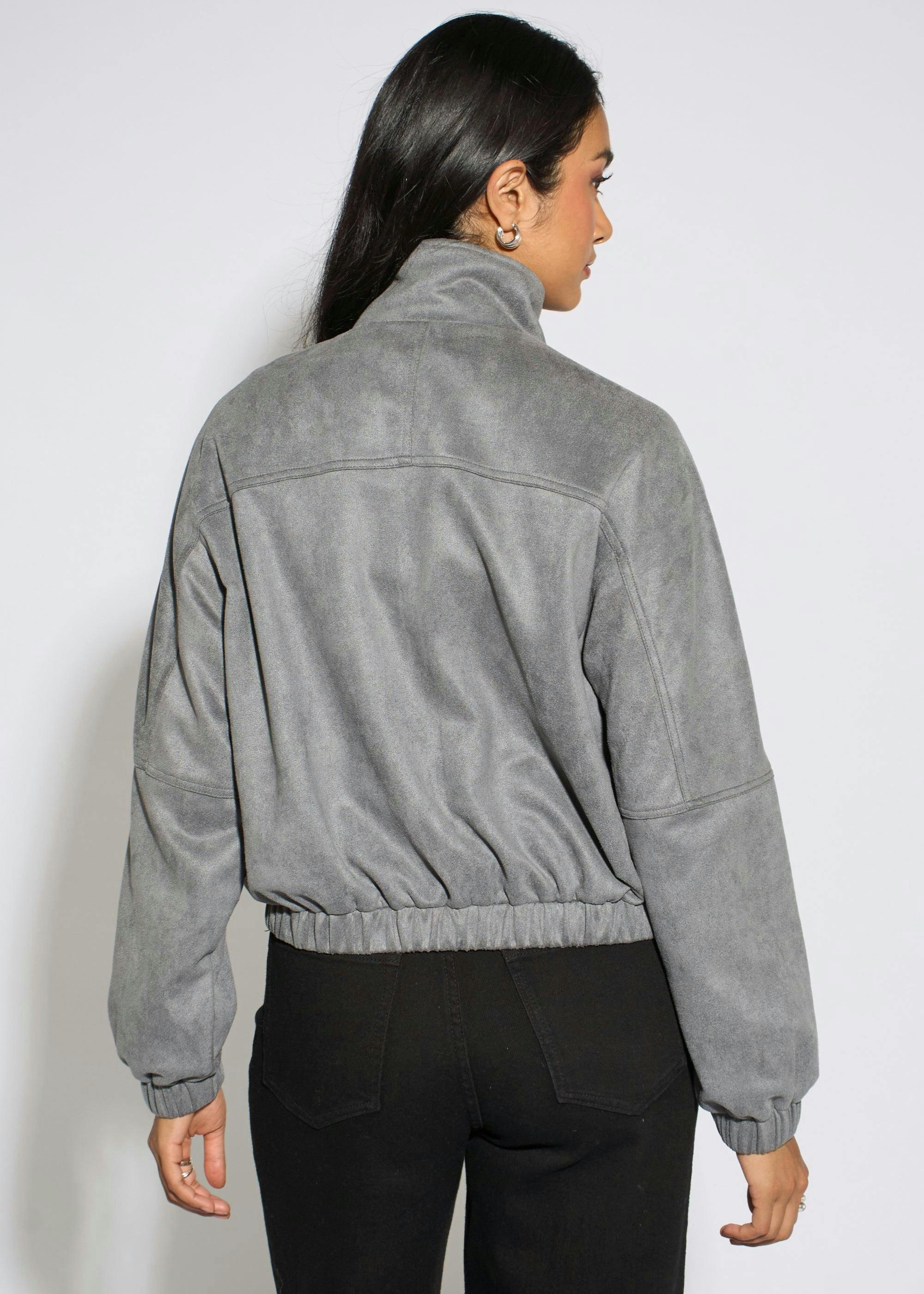 Grey Faux Suede Funnel Neck Bomber Jacket , view 2 of 4