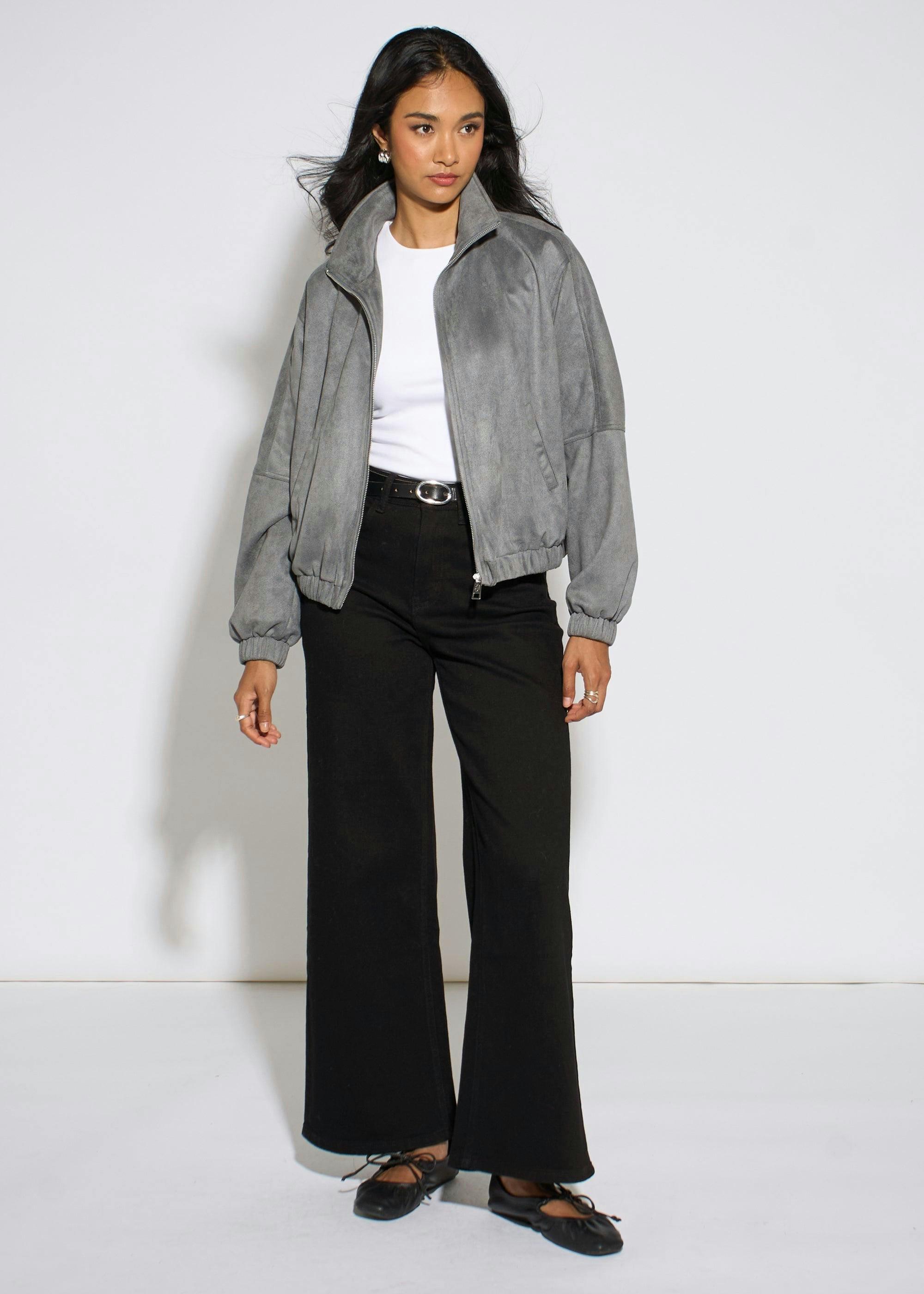 Grey Faux Suede Funnel Neck Bomber Jacket , view 3 of 4