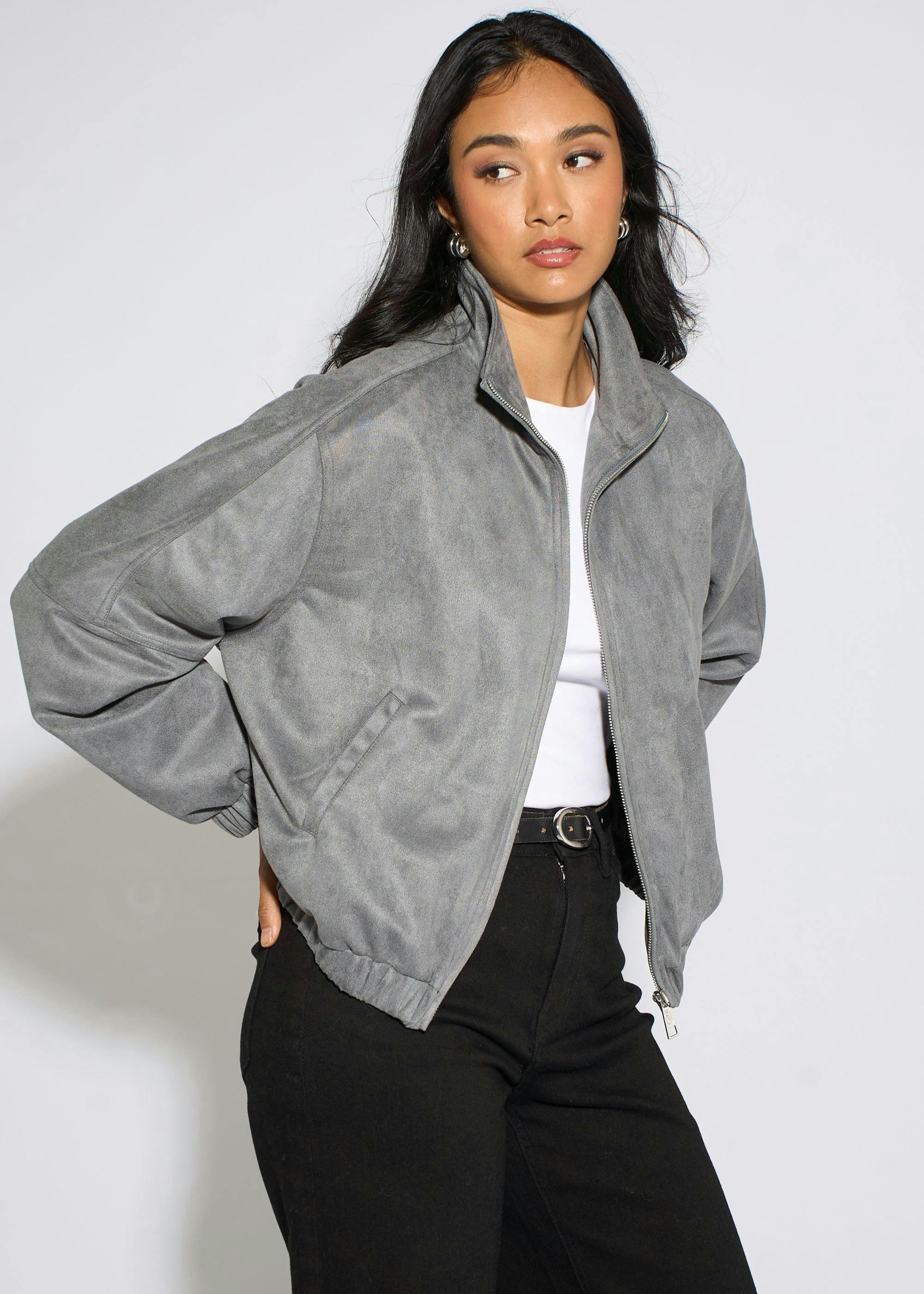 Grey Faux Suede Funnel Neck Bomber Jacket , view 4 of 4