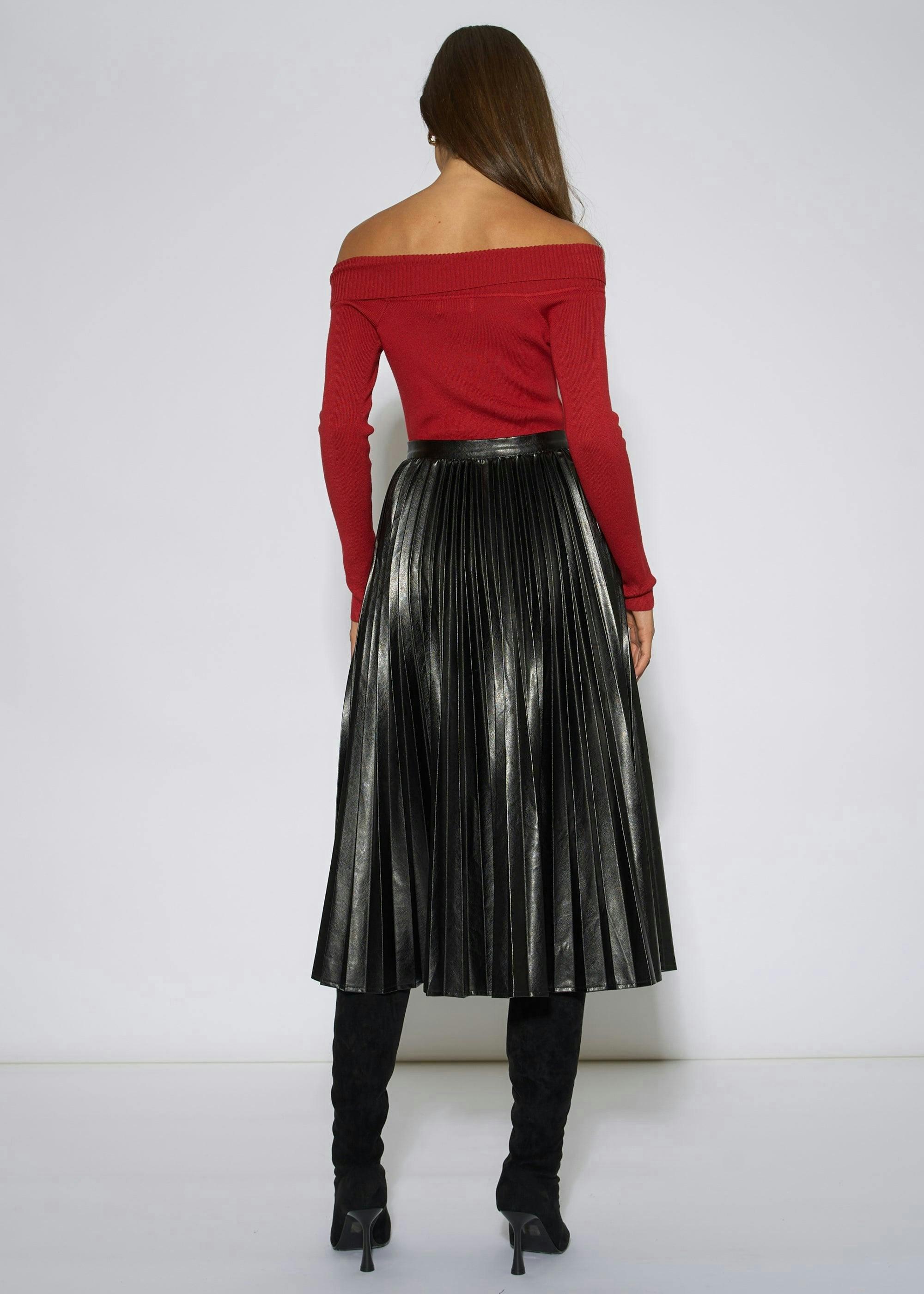 Black Pleated Faux Leather Midi Skirt , view 2 of 4