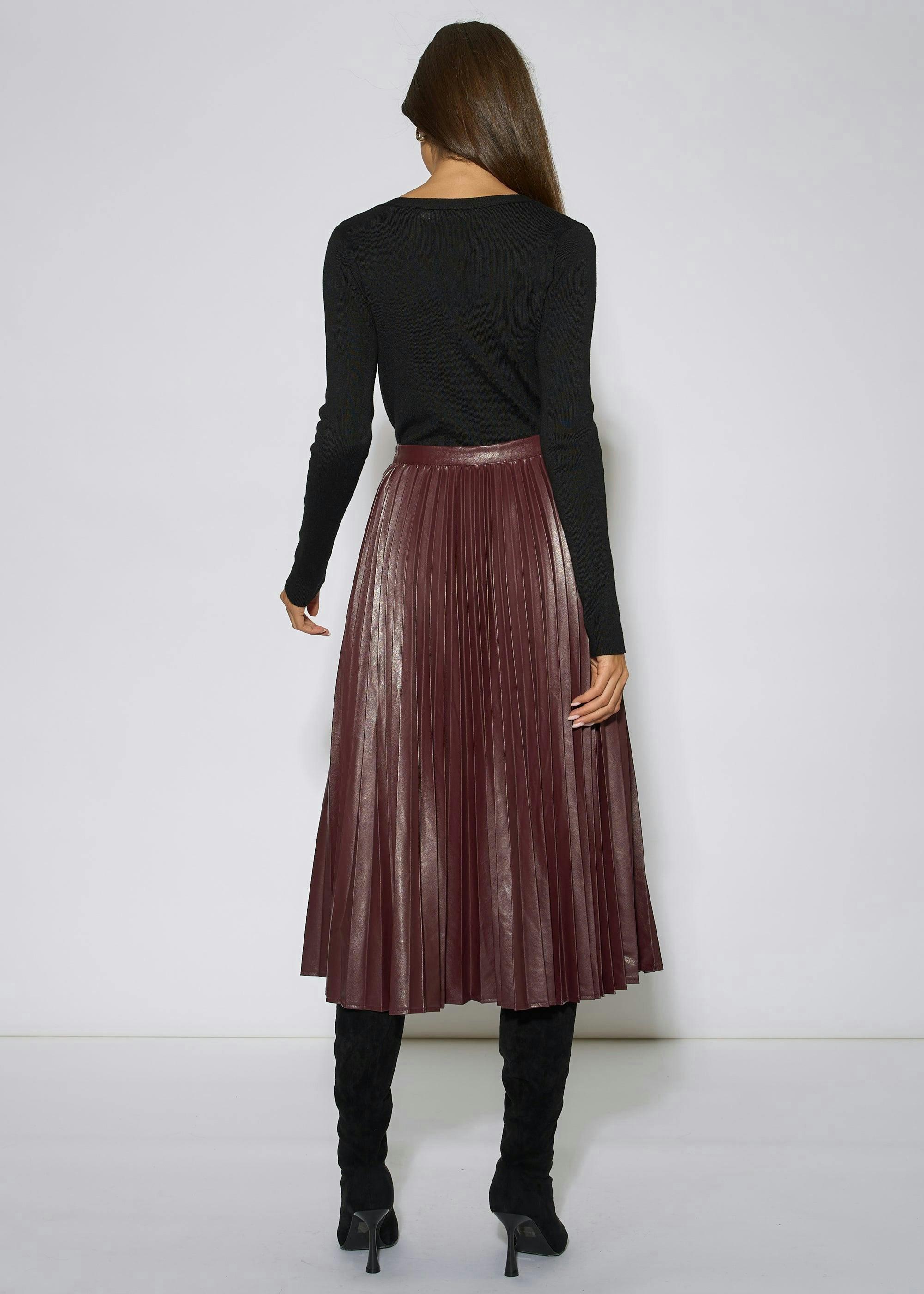 Burgundy Pleated Faux Leather Midi Skirt , view 2 of 4