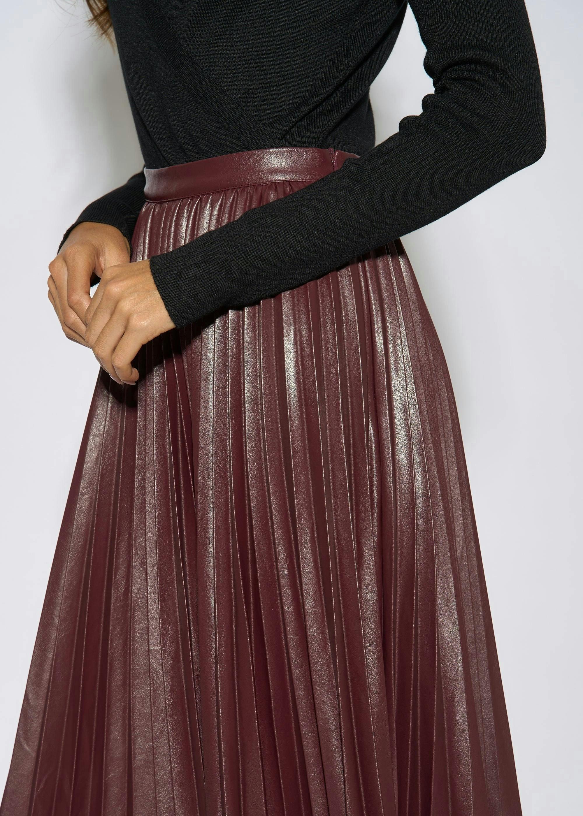 Burgundy Pleated Faux Leather Midi Skirt , view 3 of 4