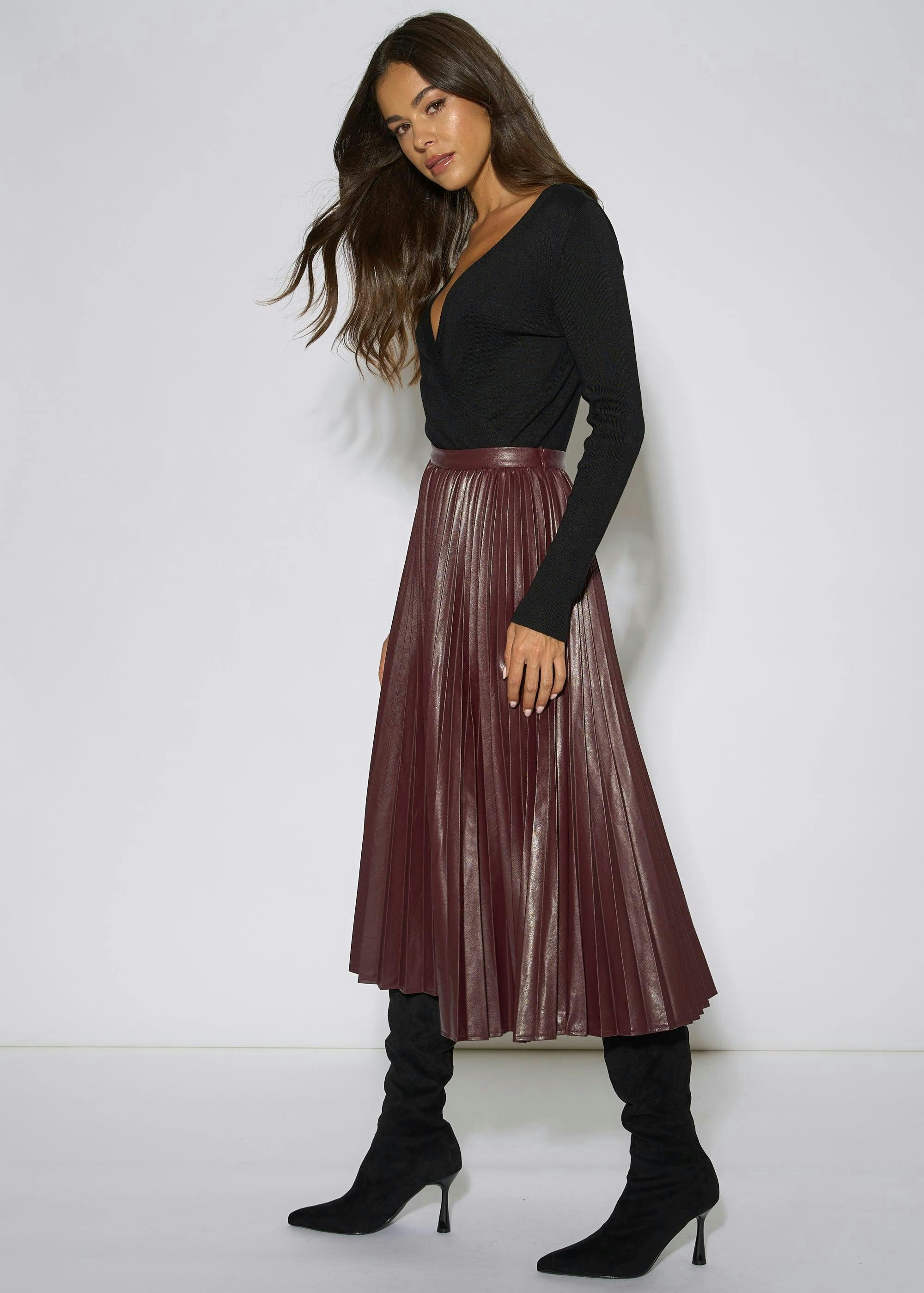 Burgundy Pleated Faux Leather Midi Skirt , view 4 of 4