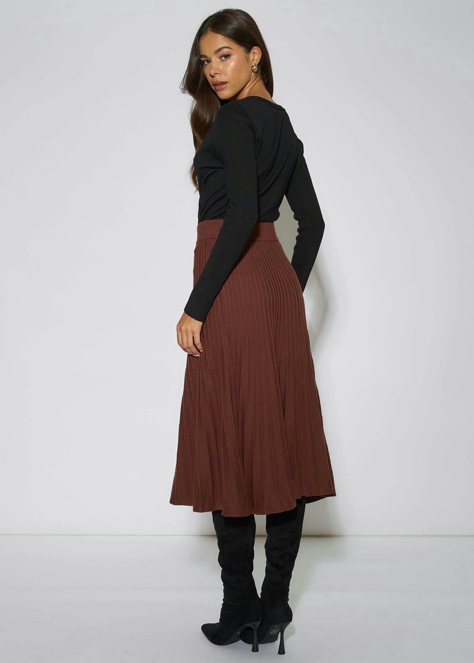 Brown Pleat Detail Knitted Flared Midi Skirt , view 2 of 4