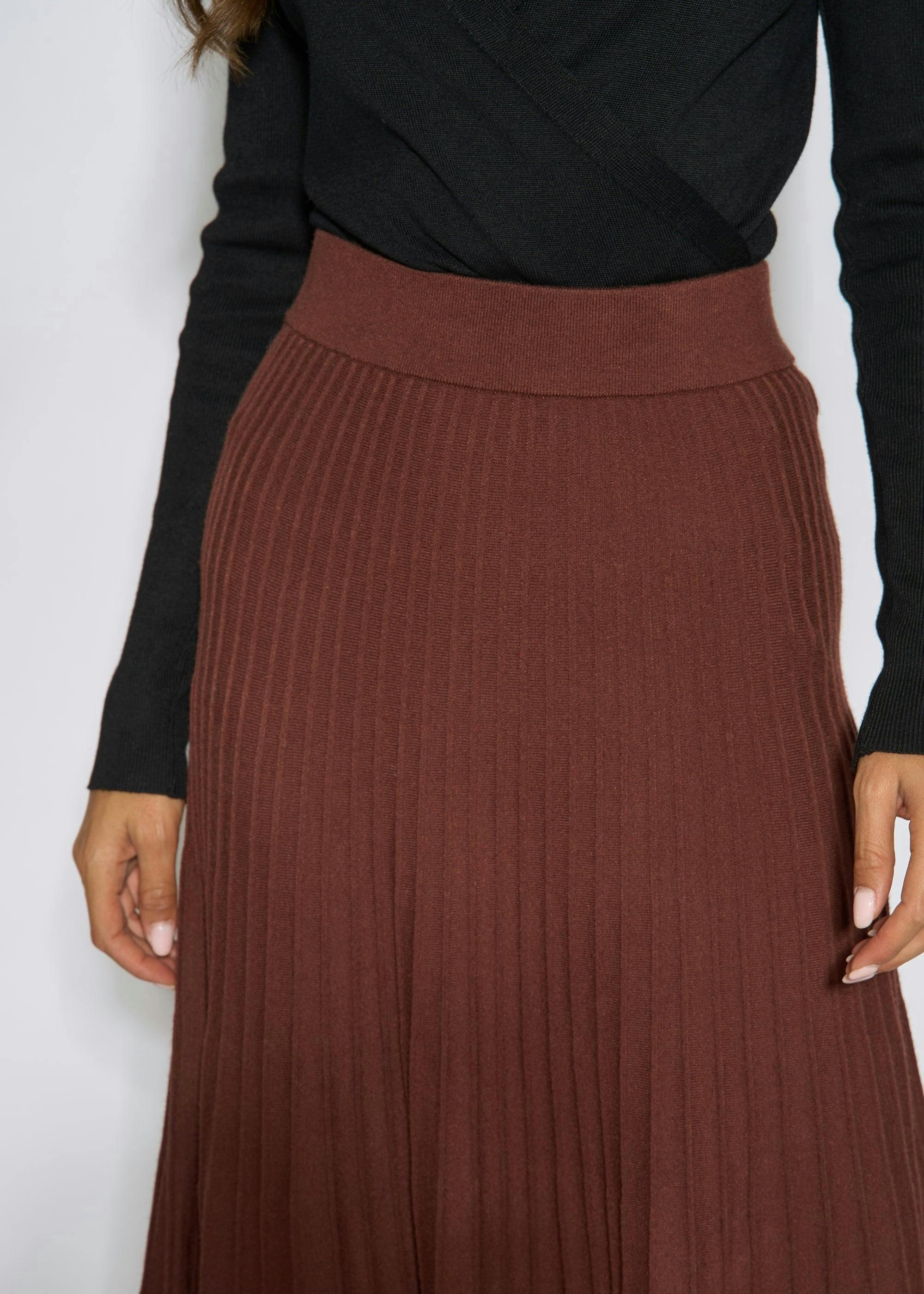 Brown Pleat Detail Knitted Flared Midi Skirt , view 3 of 4