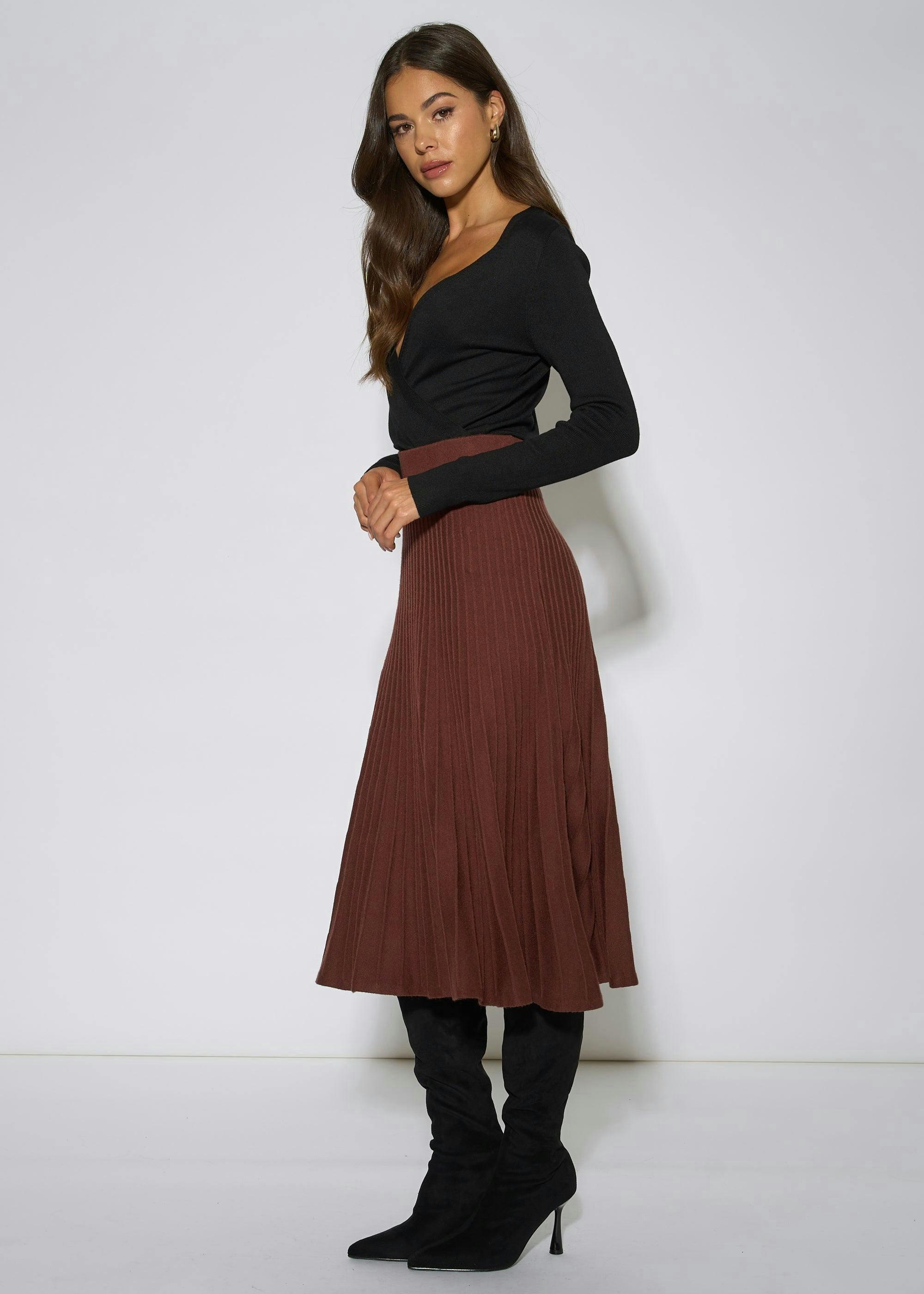 Brown Pleat Detail Knitted Flared Midi Skirt , view 4 of 4