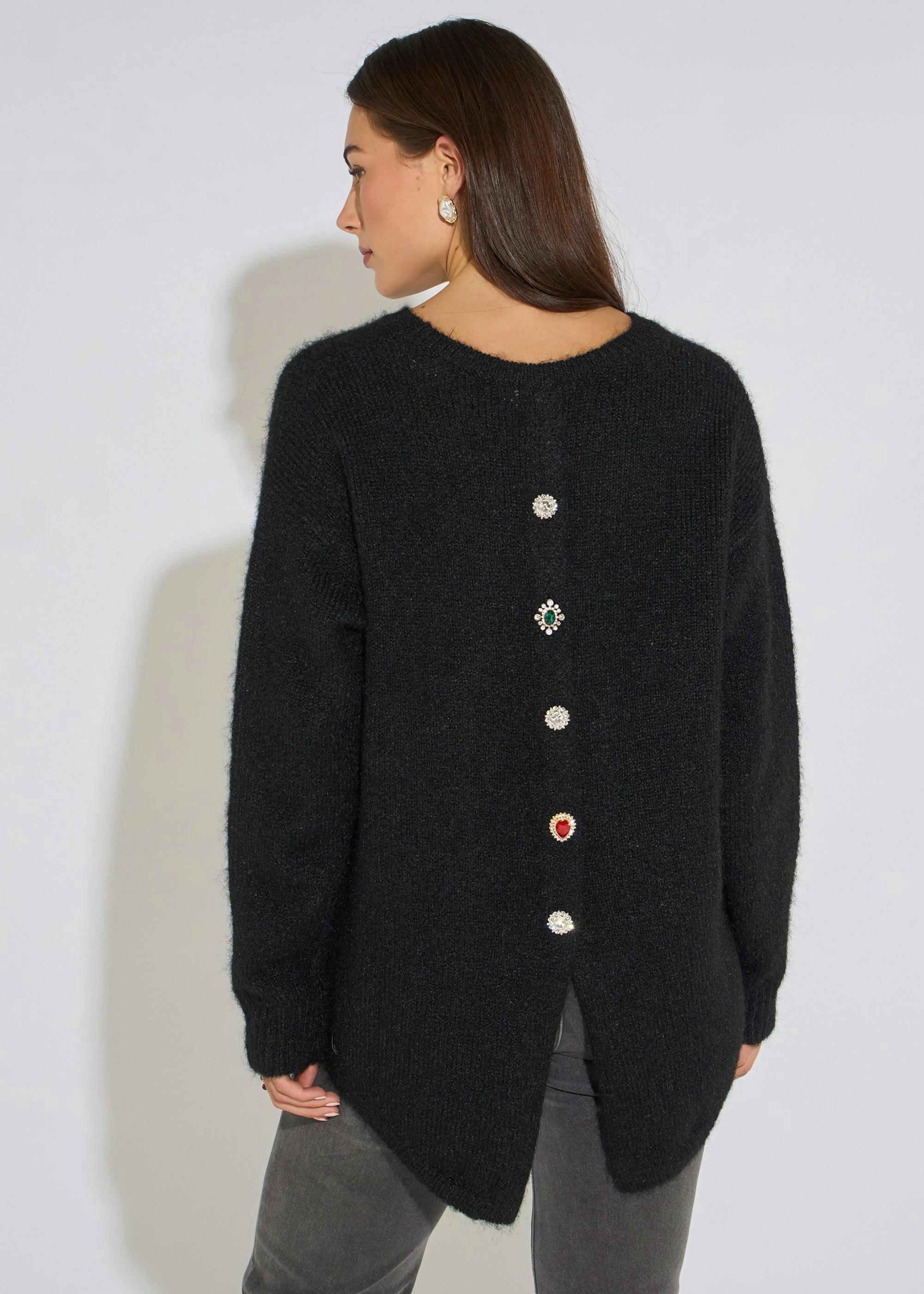 Black Long Sleeve Jewelled Back Knit Jumper , view 2 of 4