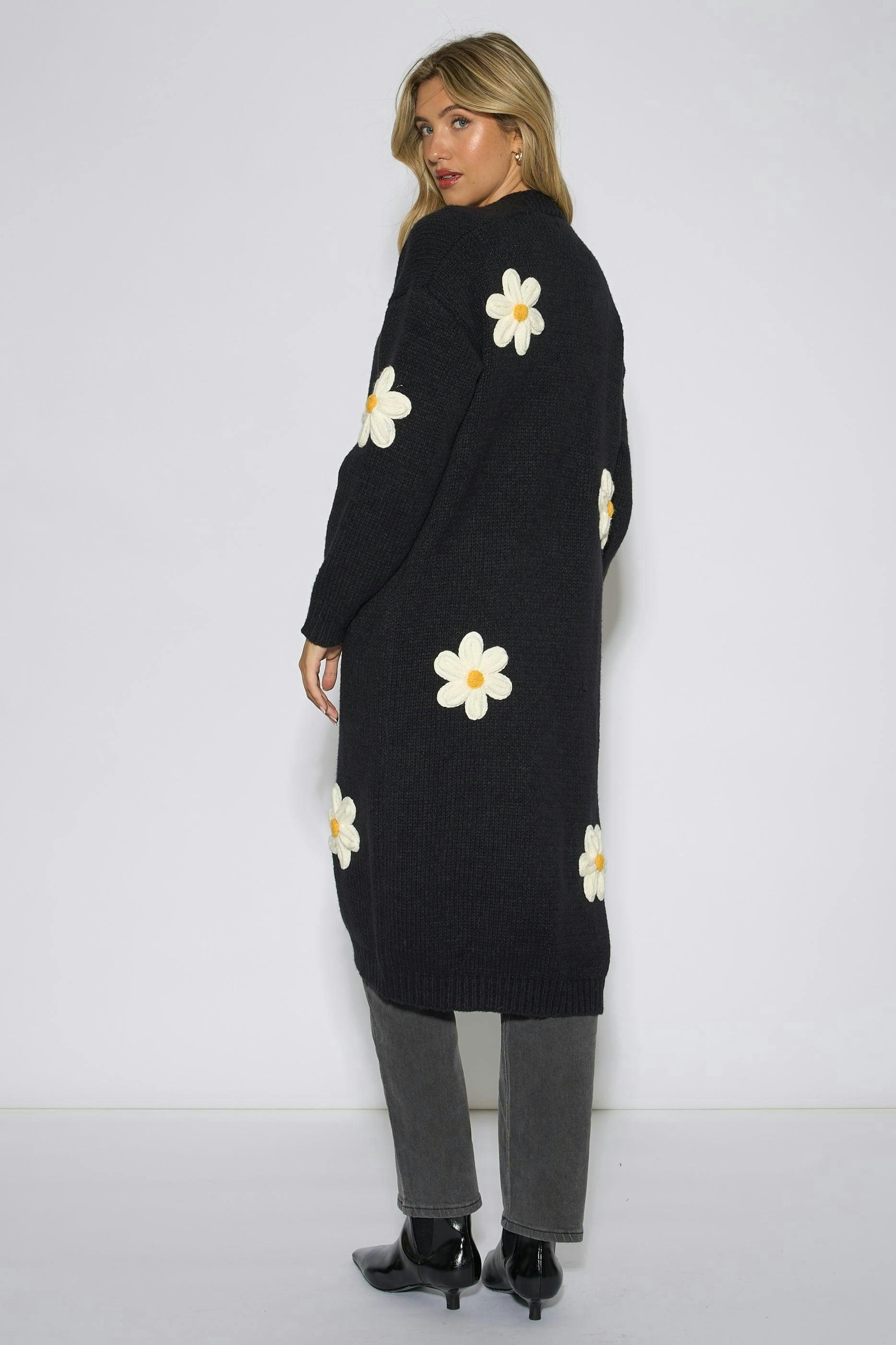 Black 3D Daisy Flower Longline Cardigan , view 2 of 4