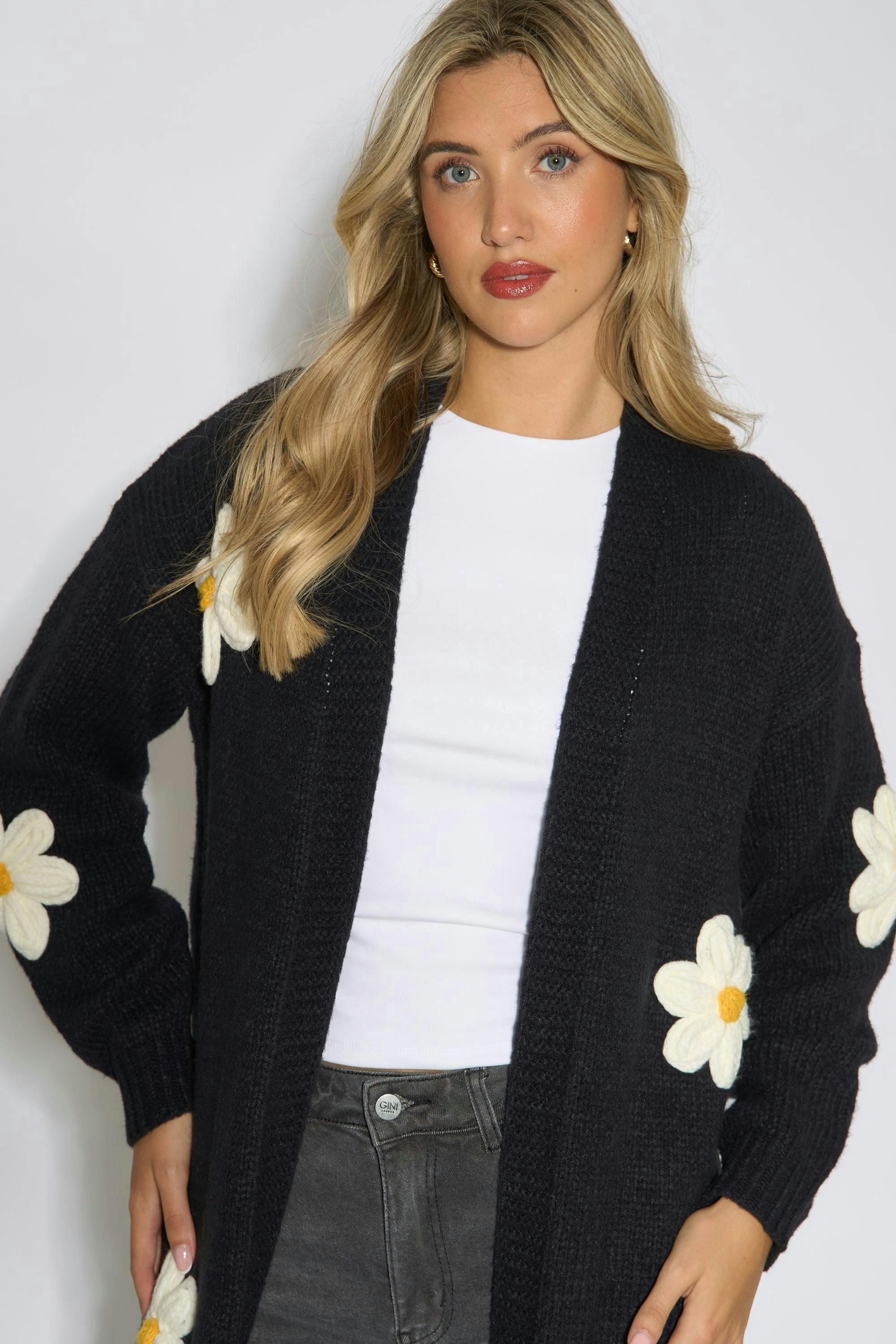 Black 3D Daisy Flower Longline Cardigan , view 3 of 4
