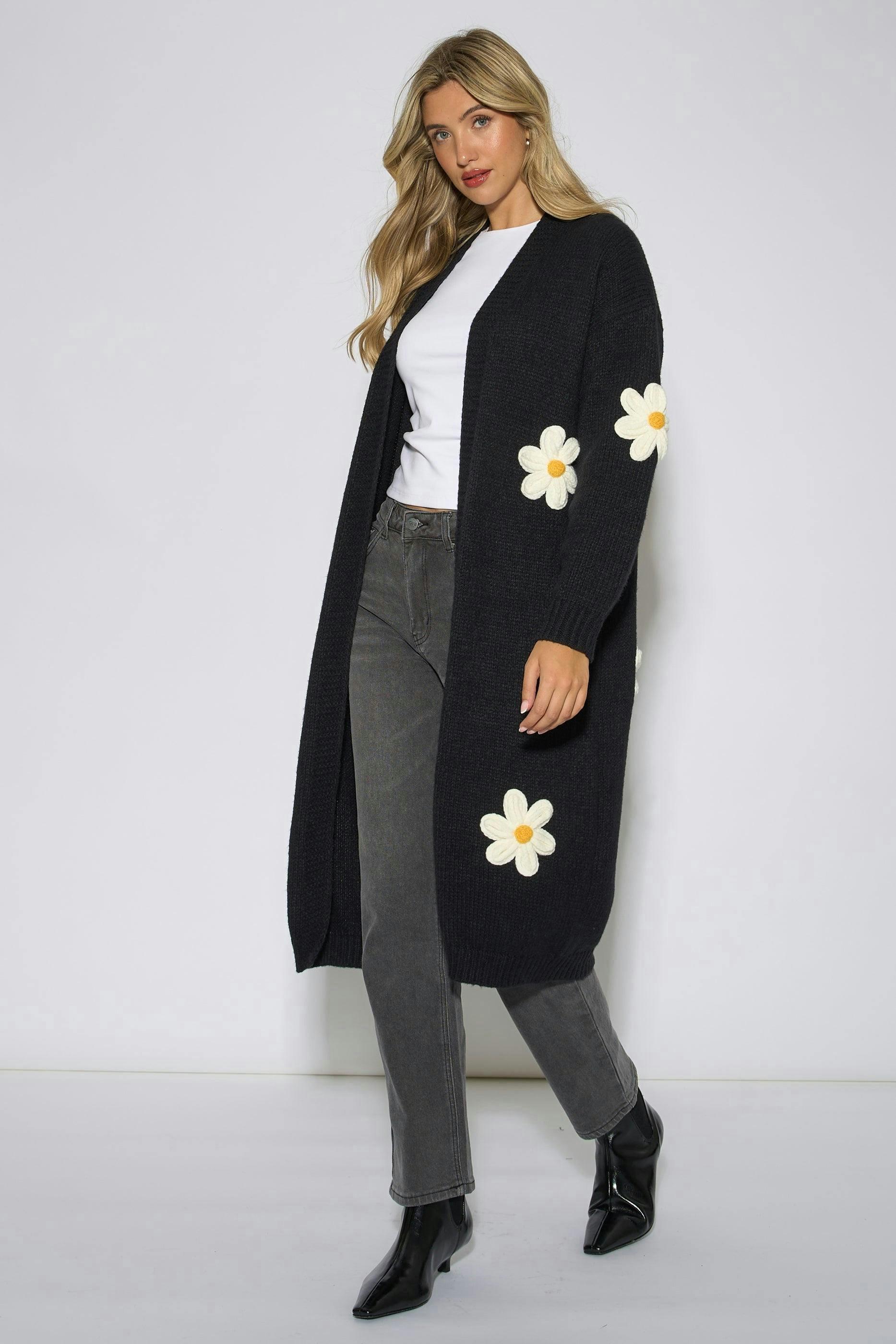 Black 3D Daisy Flower Longline Cardigan , view 4 of 4