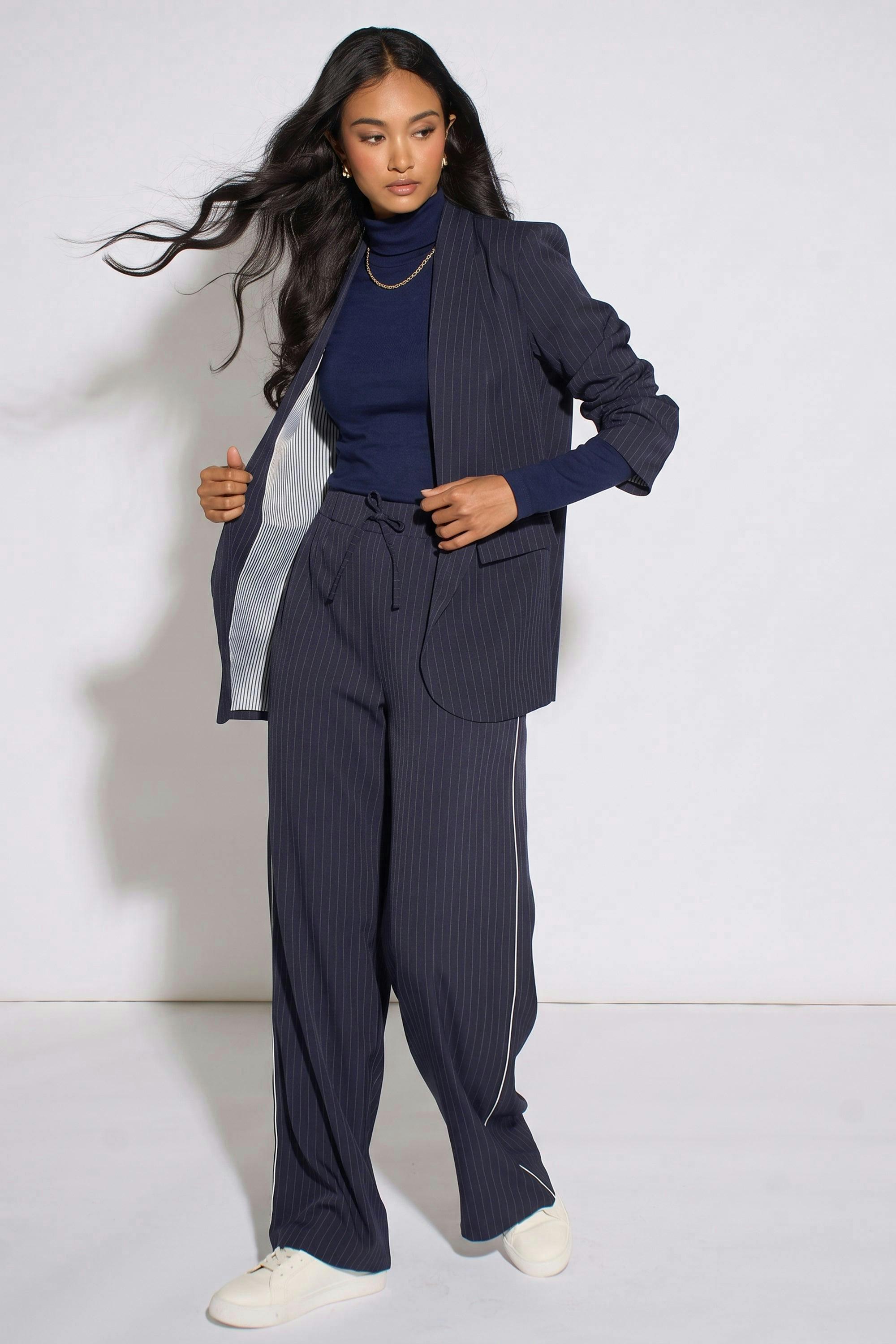 Navy Drawstring Pinstripe Wide Leg Jogger , view 4 of 4