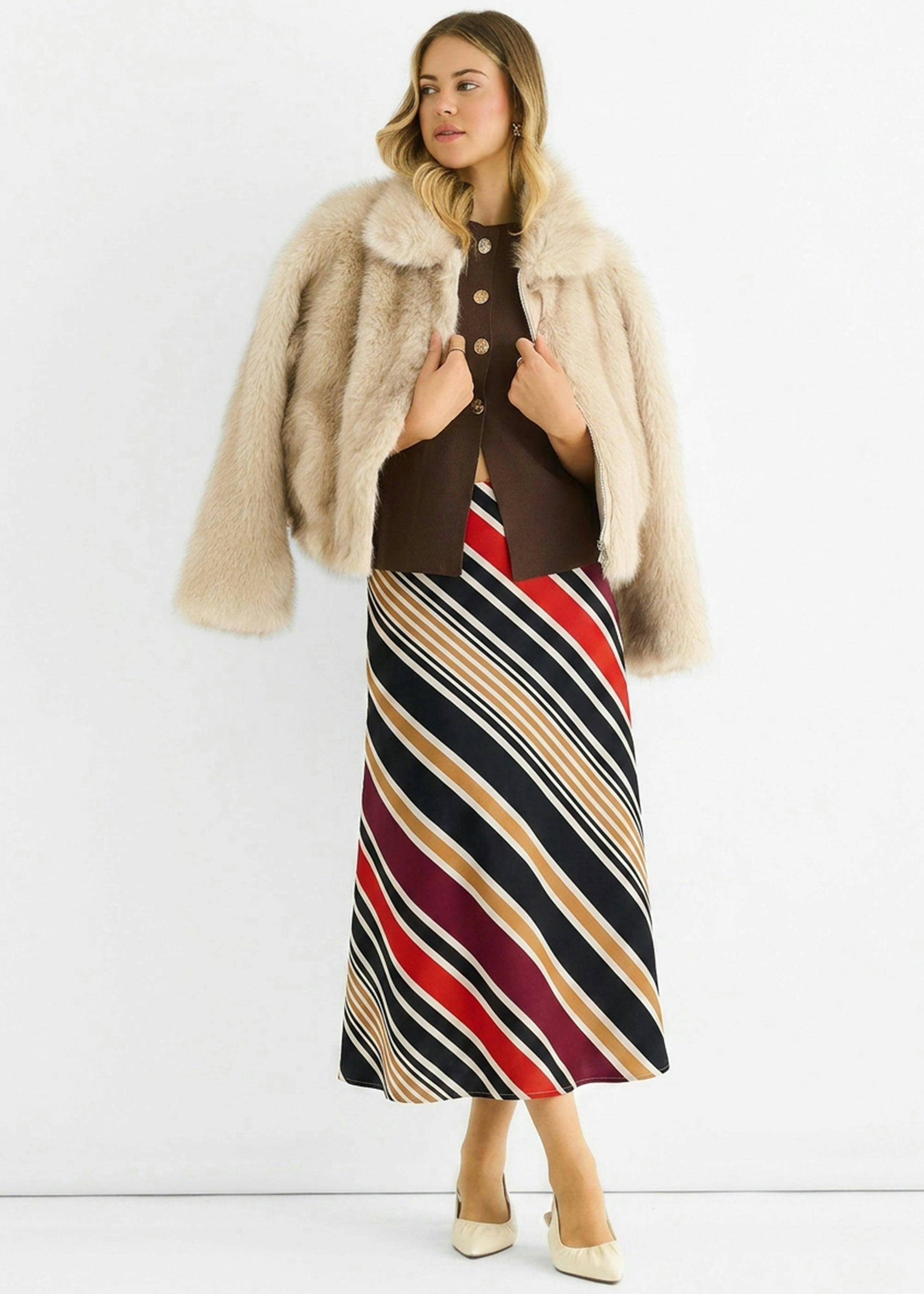 Black Stripe Satin Biased Midi Skirt , view 2 of 6