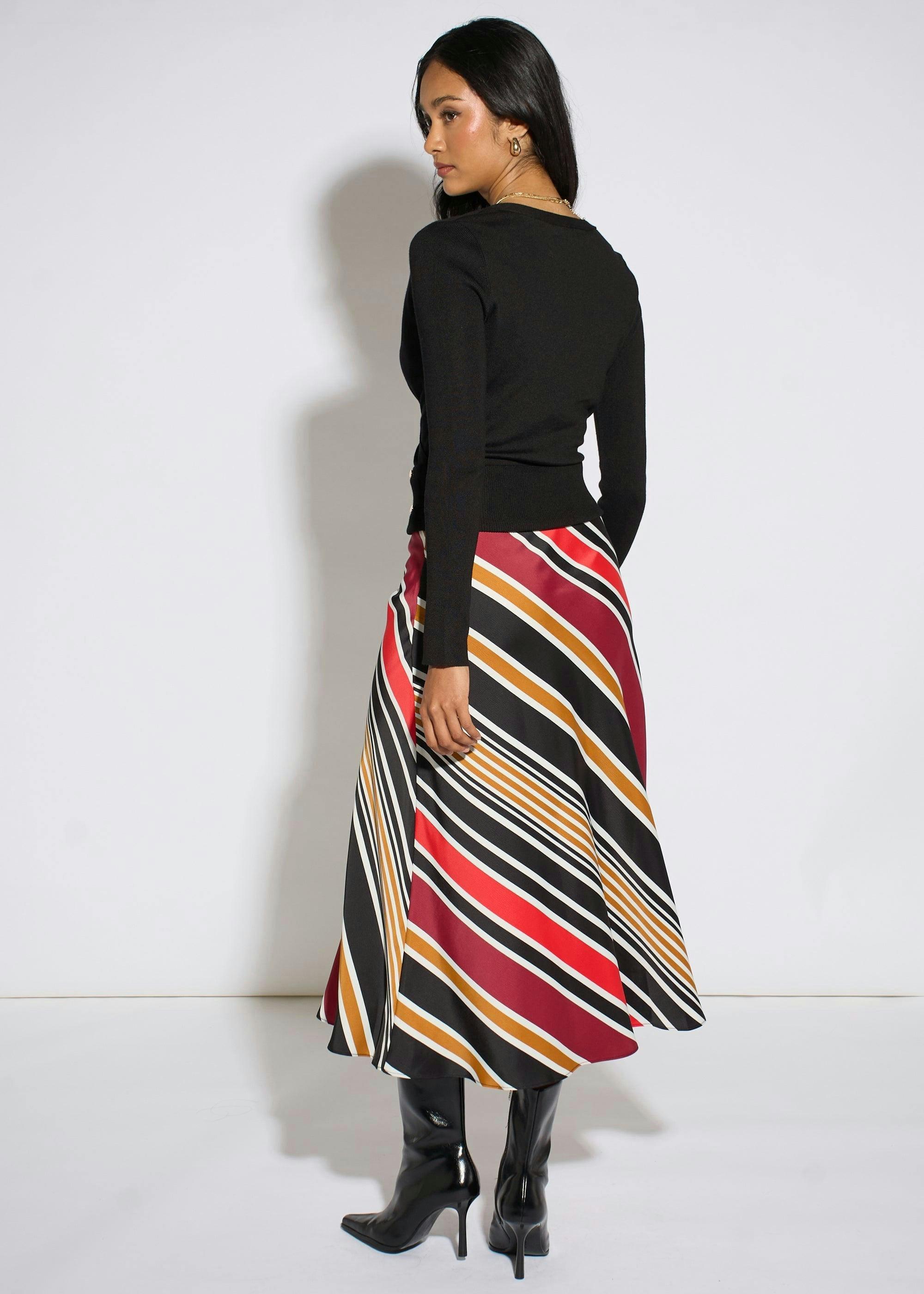 Black Stripe Satin Biased Midi Skirt , view 3 of 6