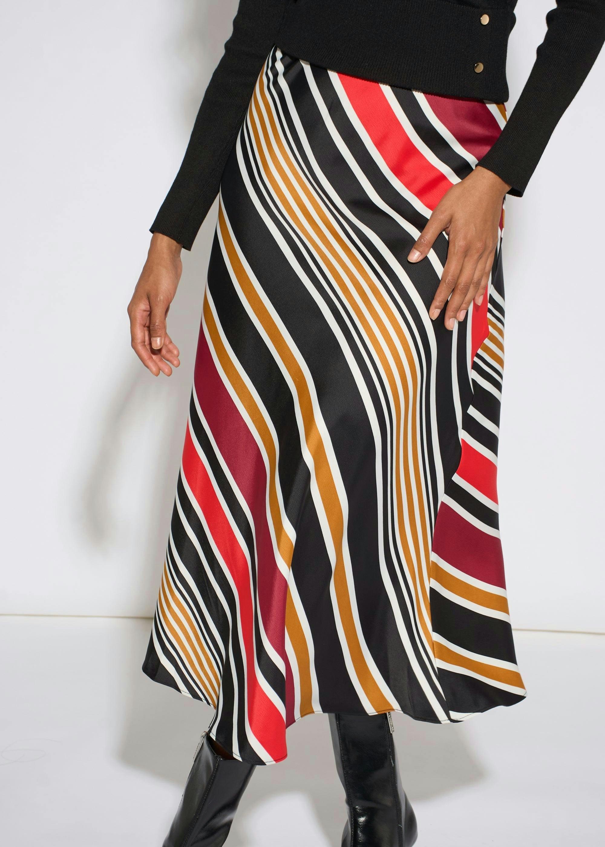 Black Stripe Satin Biased Midi Skirt , view 4 of 6