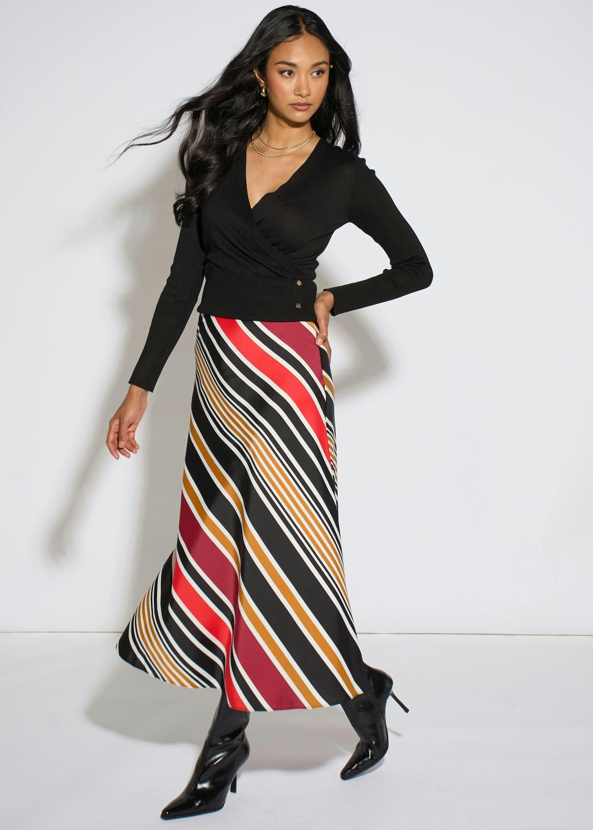 Black Stripe Satin Biased Midi Skirt , view 6 of 6