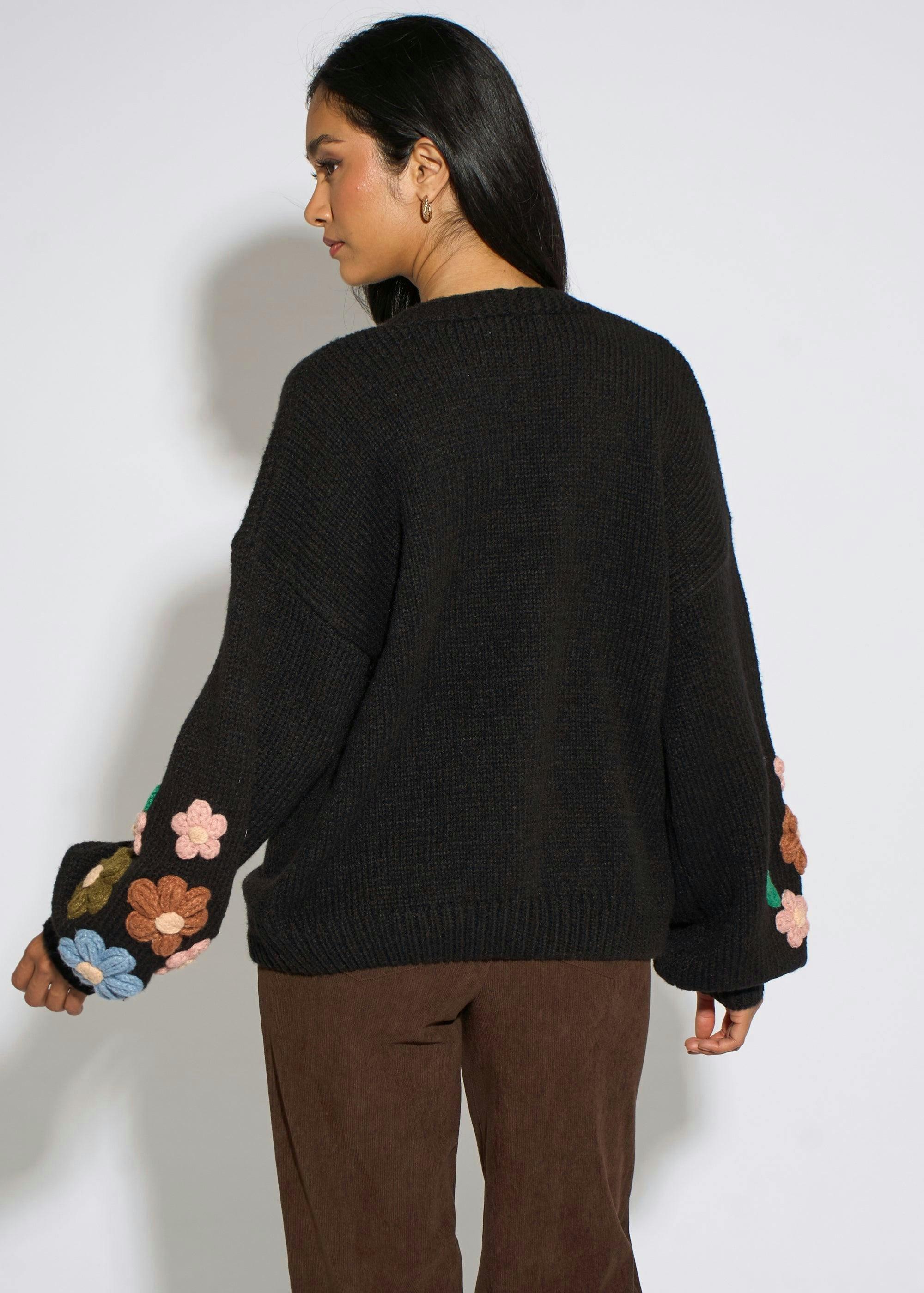 Black 3D Floral Sleeves Knit Cardigan , view 2 of 4