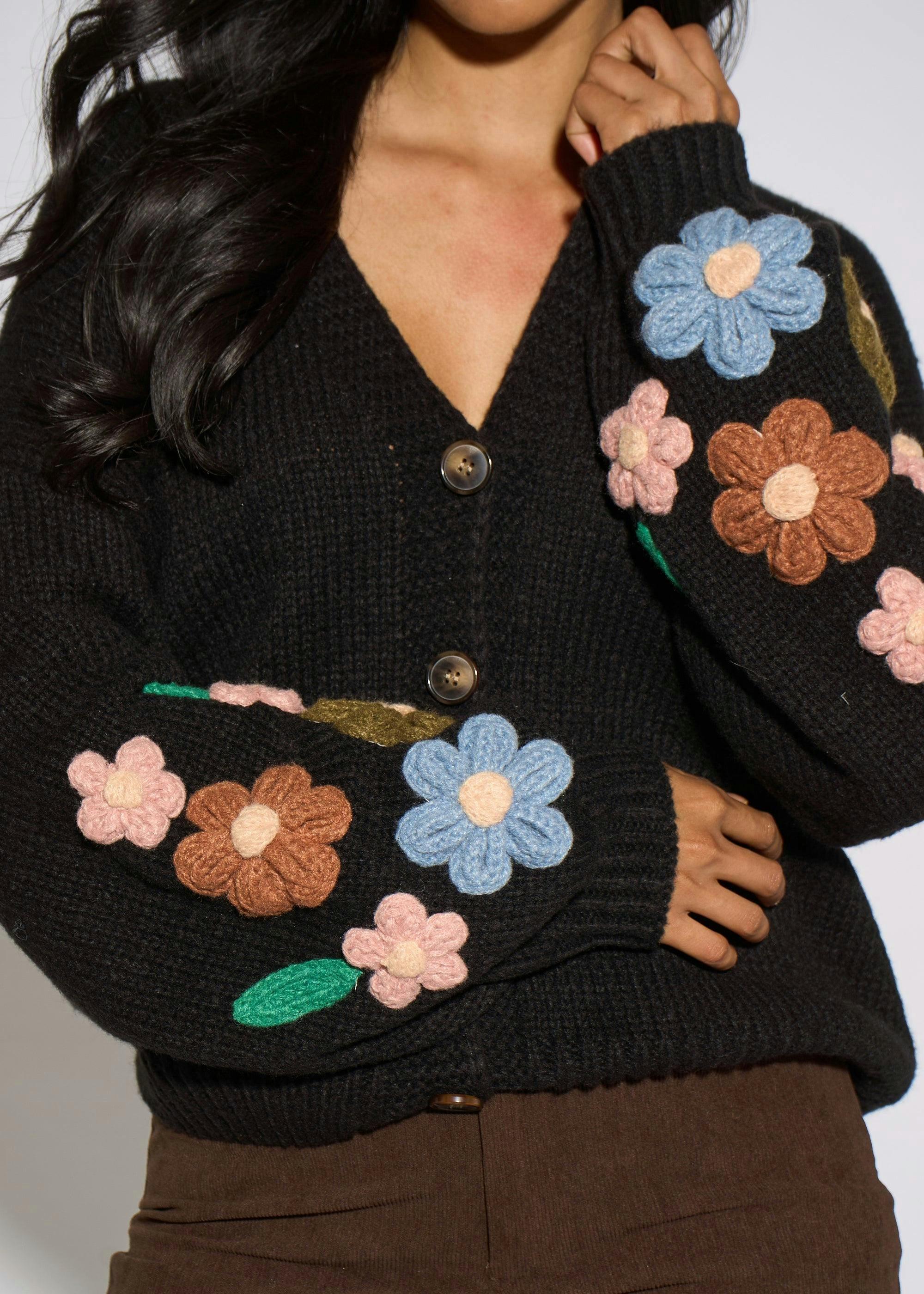 Black 3D Floral Sleeves Knit Cardigan , view 3 of 4