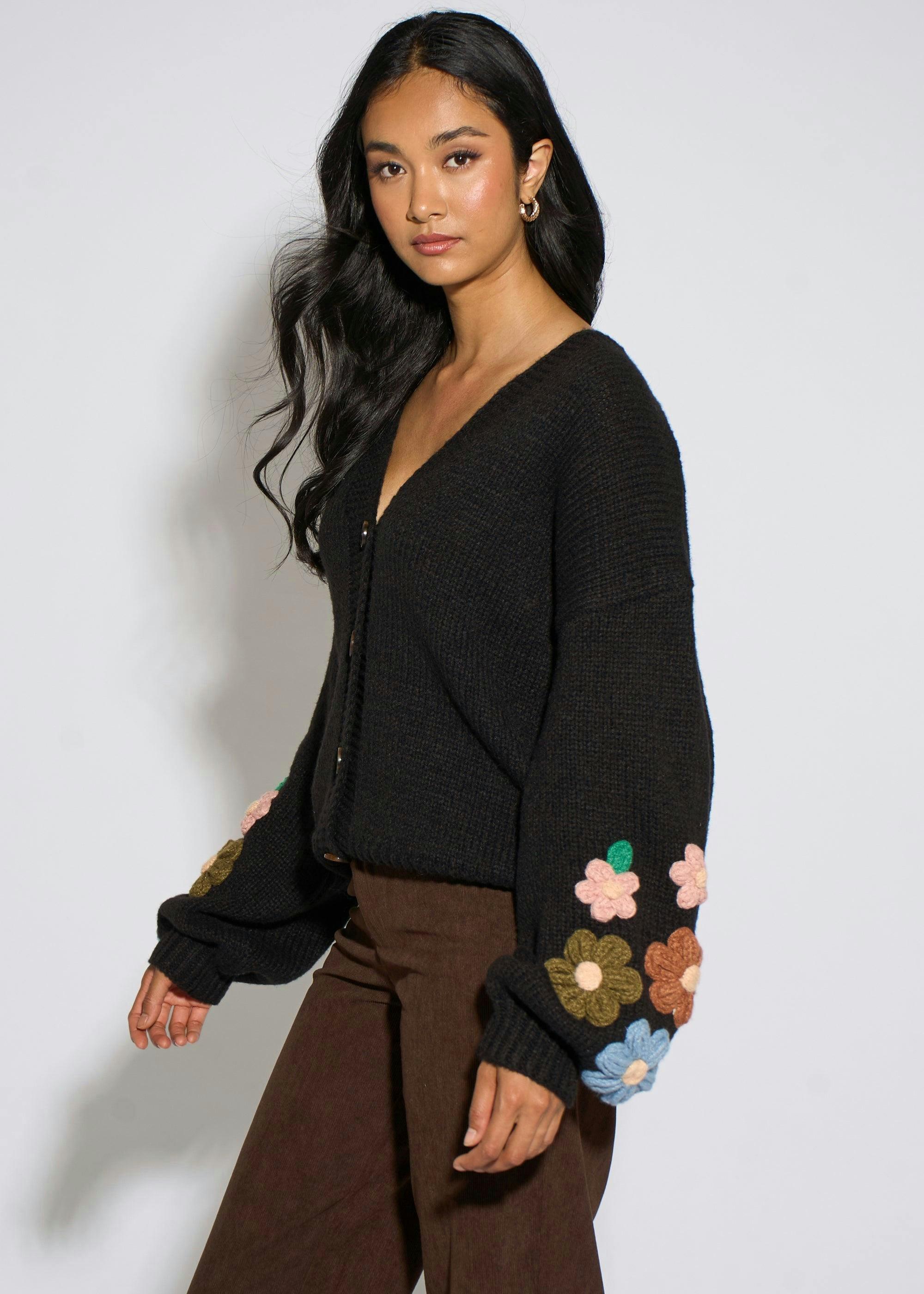 Black 3D Floral Sleeves Knit Cardigan , view 4 of 4
