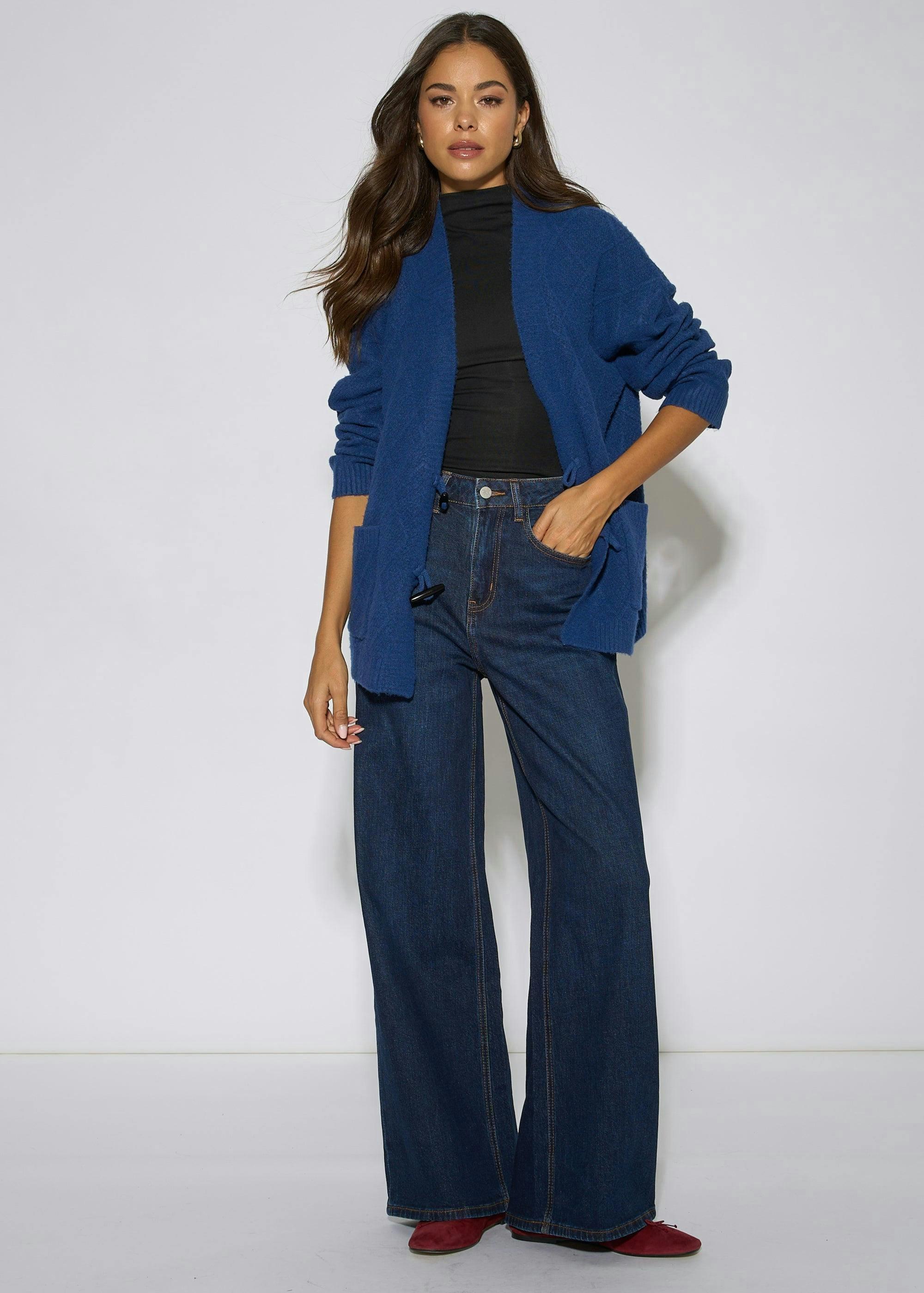Blue Textured Button Detail Long Sleeve Cardigan , view 3 of 4
