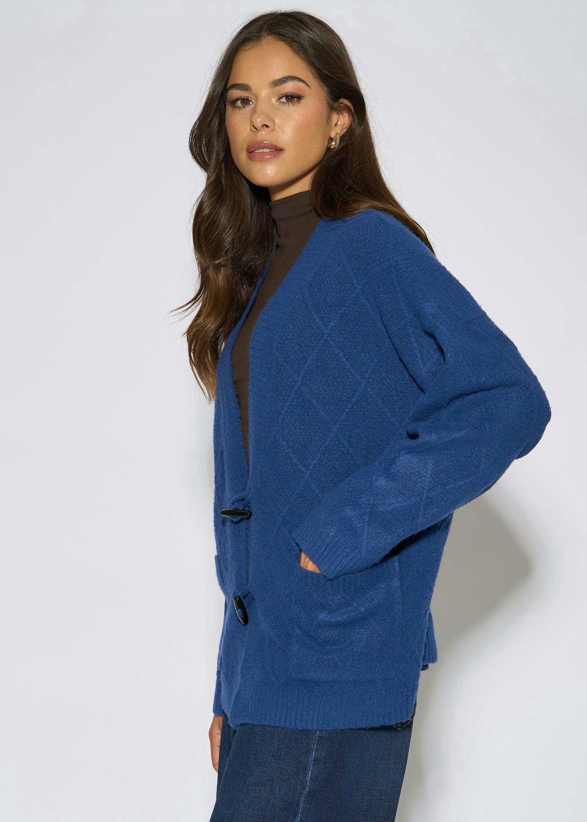 Blue Textured Button Detail Long Sleeve Cardigan , view 4 of 4