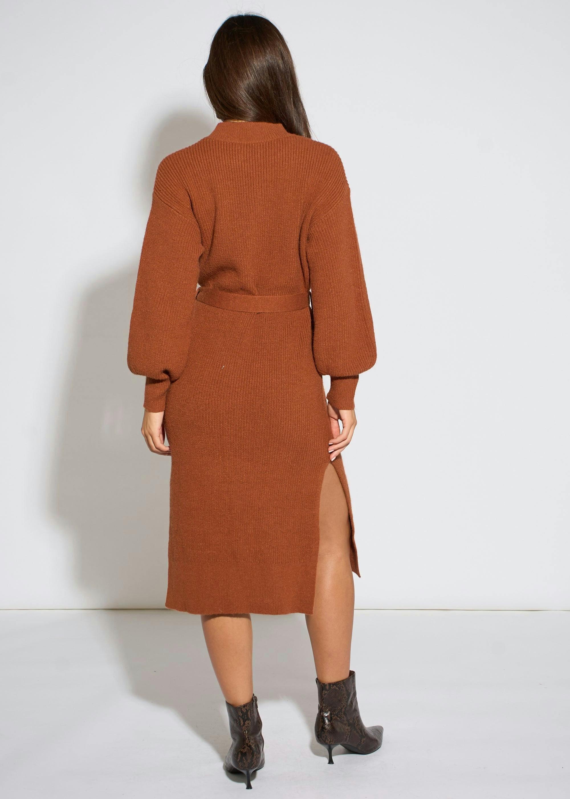 Tan Belted Knitted Long Sleeve Dress , view 2 of 4