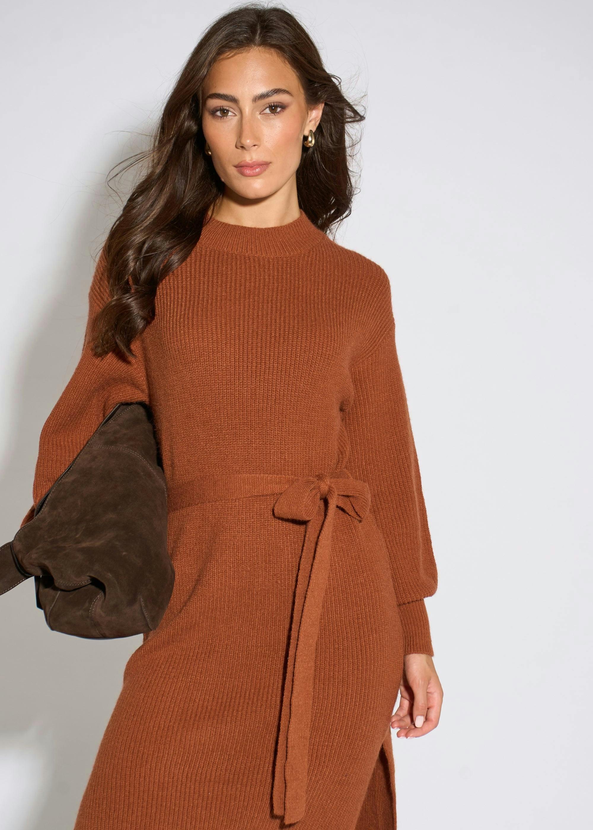 Tan Belted Knitted Long Sleeve Dress , view 3 of 4