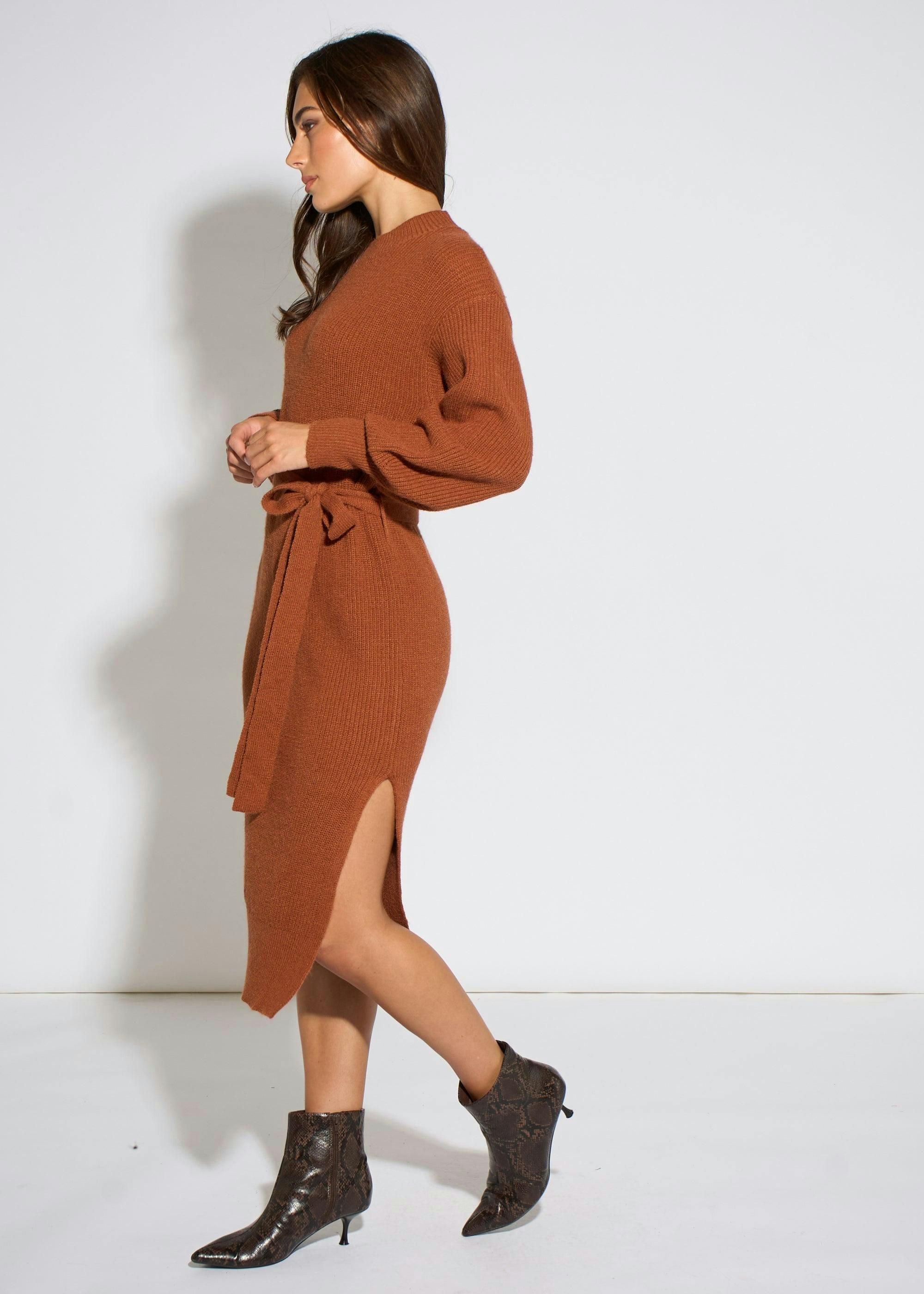 Tan Belted Knitted Long Sleeve Dress , view 4 of 4