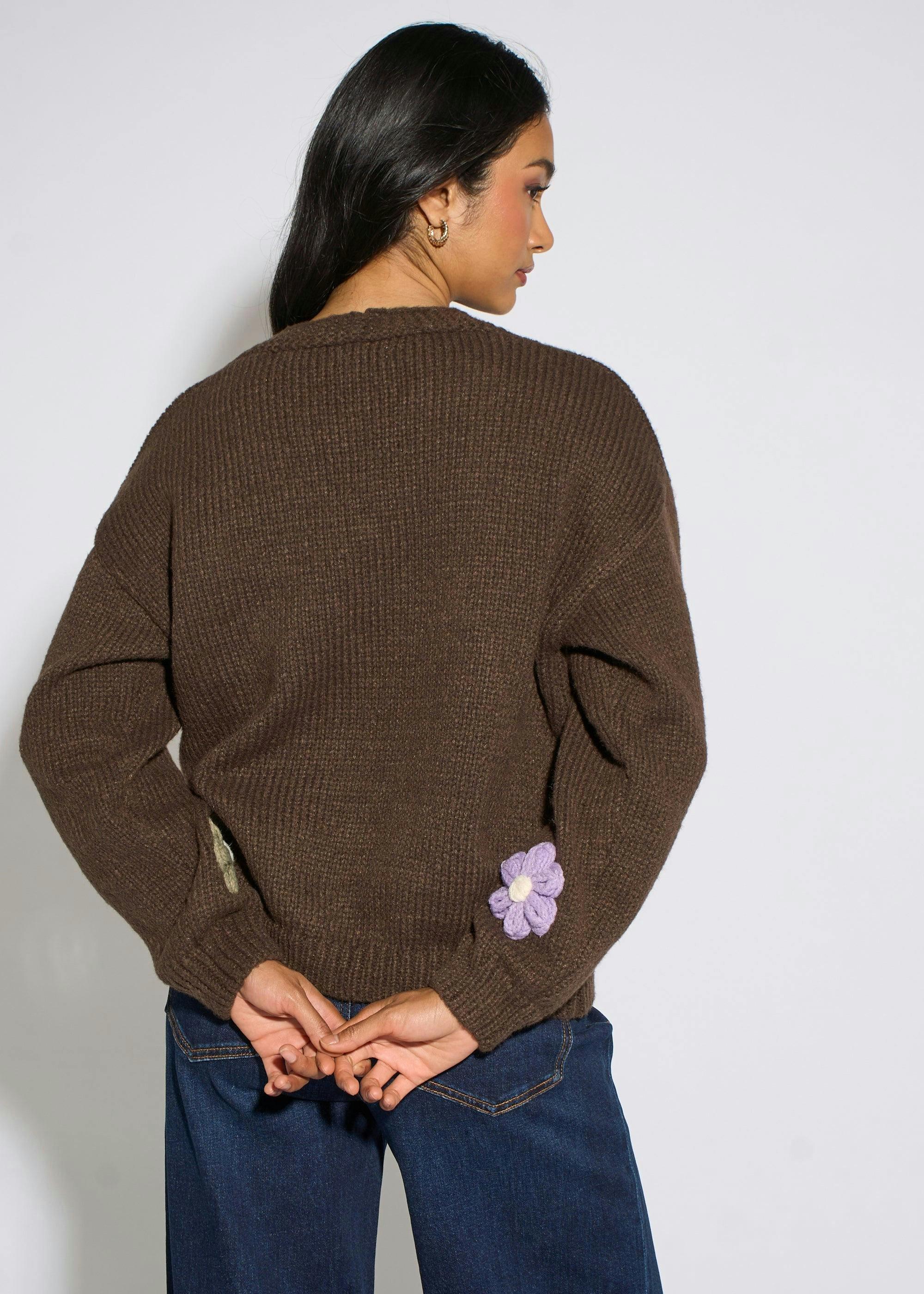 Brown 3D Floral Sleeves Knit Cardigan , view 2 of 4