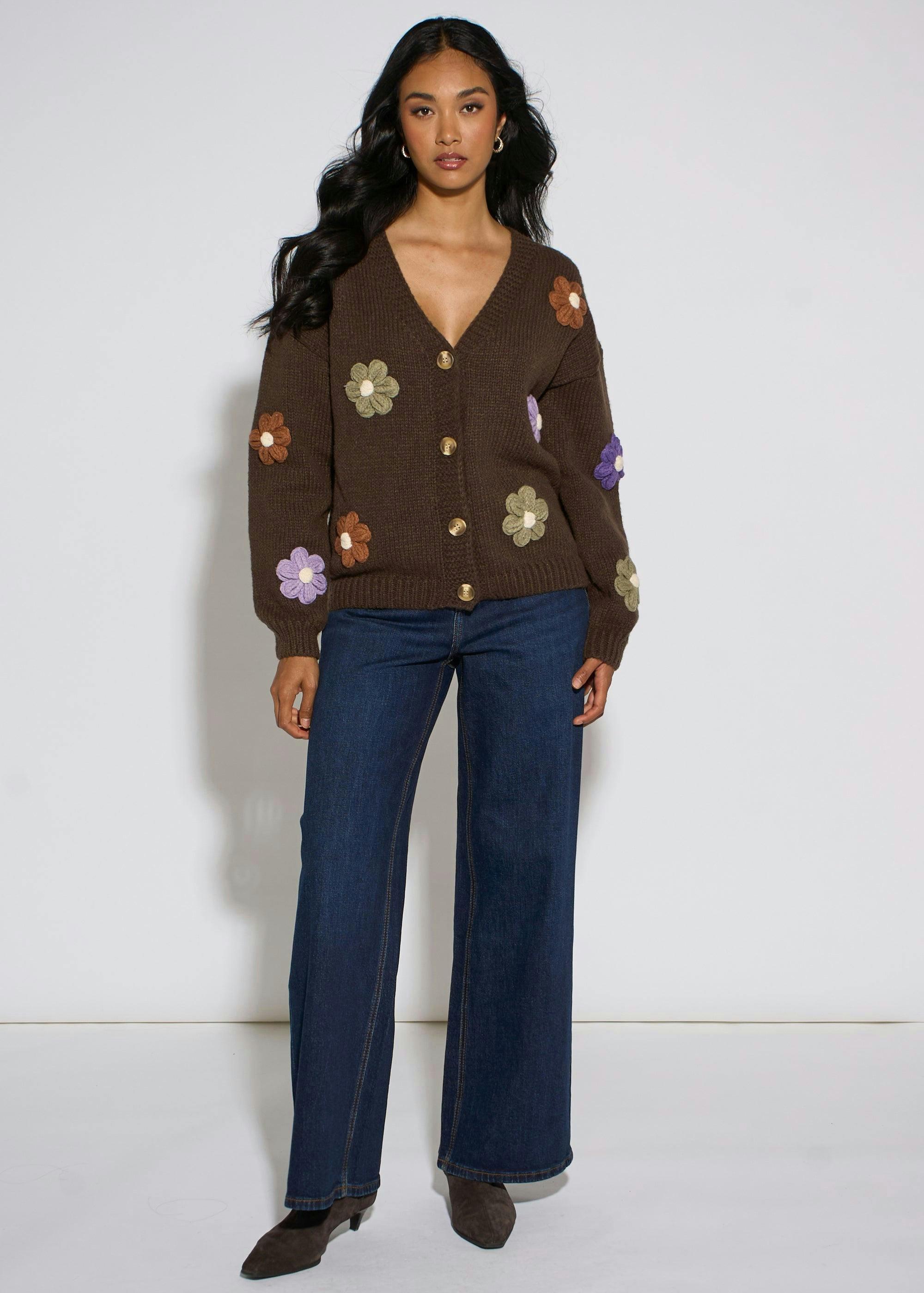 Brown 3D Floral Sleeves Knit Cardigan , view 3 of 4