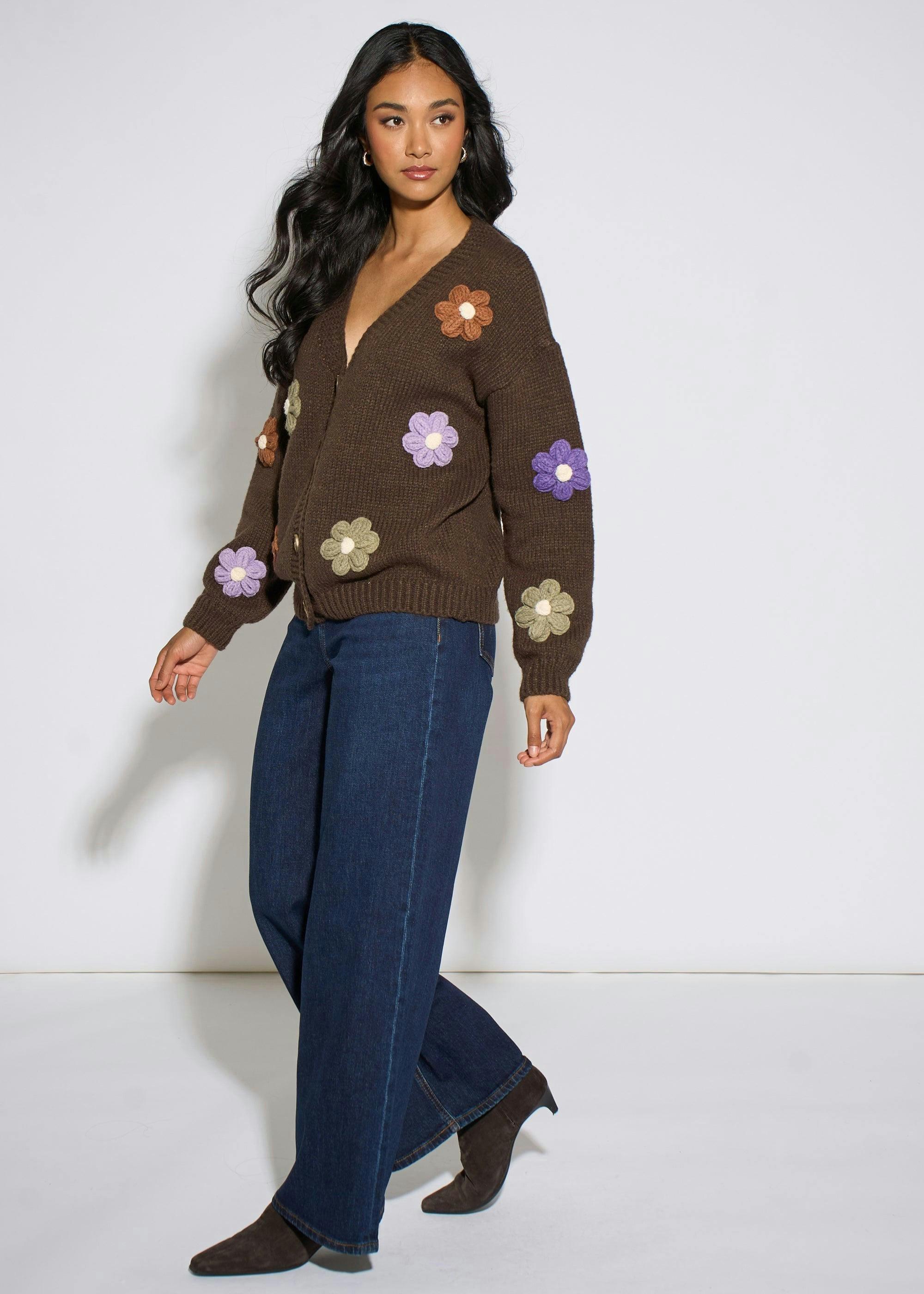 Brown 3D Floral Sleeves Knit Cardigan , view 4 of 4