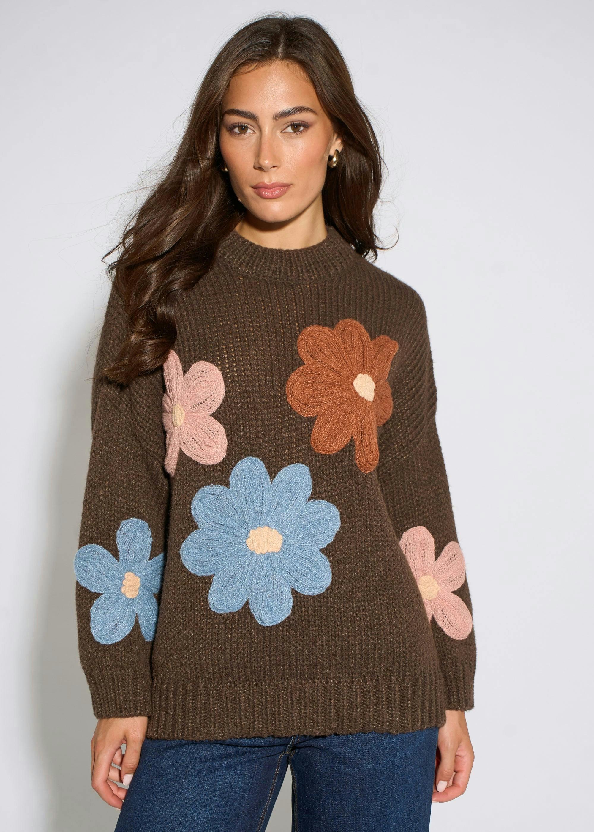 Brown 3D Floral Turtle Neck Knit Jumper , view 2 of 5