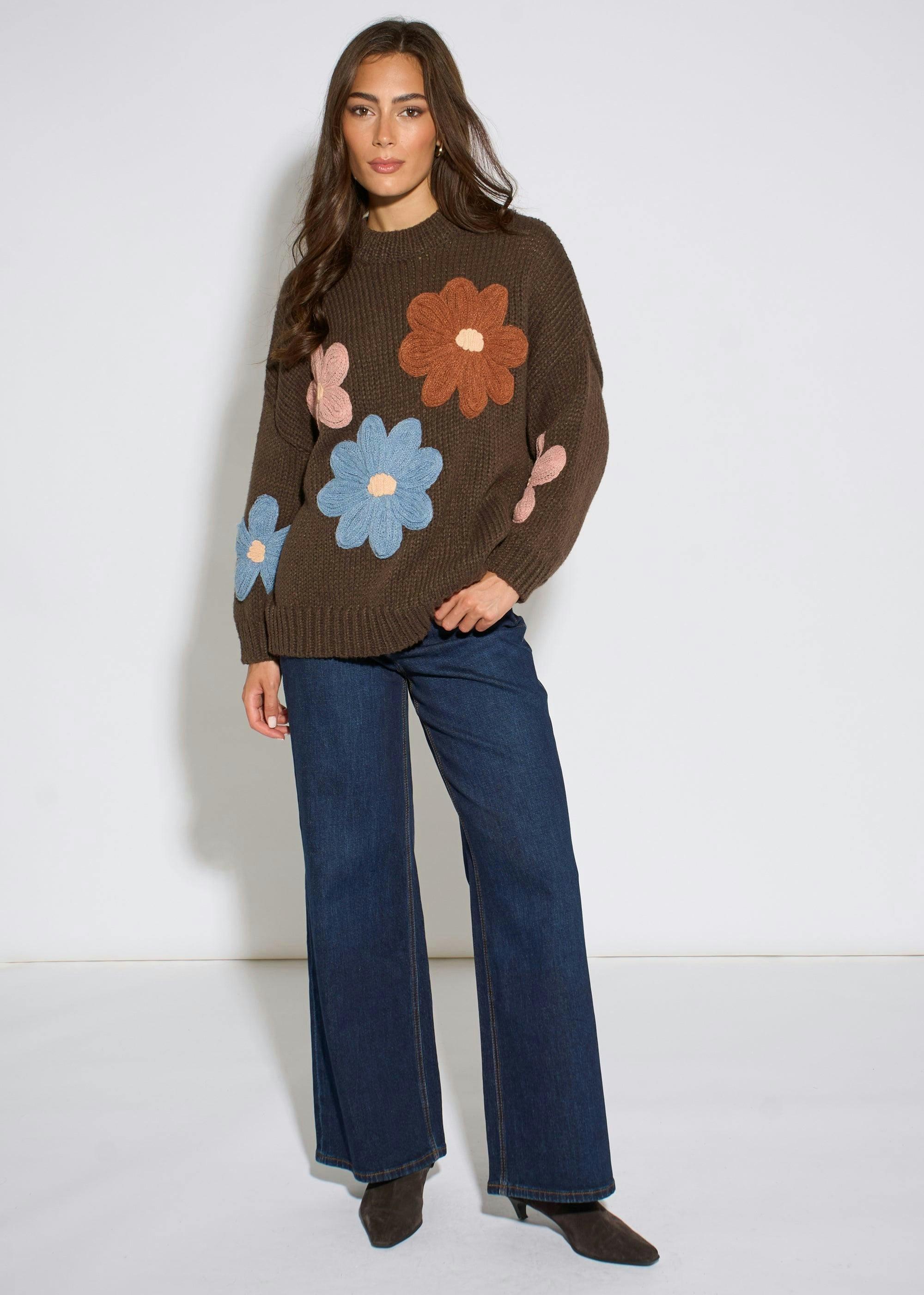 Brown 3D Floral Turtle Neck Knit Jumper , view 4 of 5