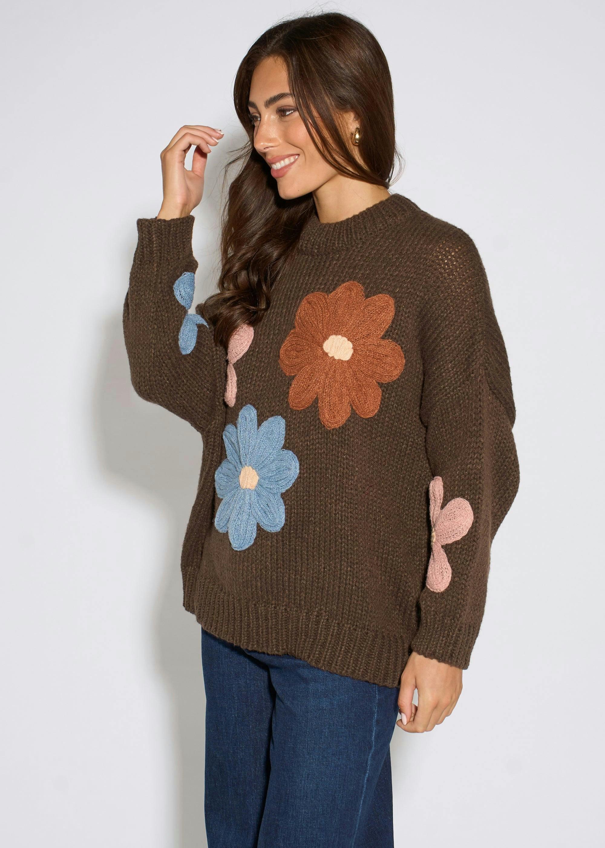 Brown 3D Floral Turtle Neck Knit Jumper , view 5 of 5