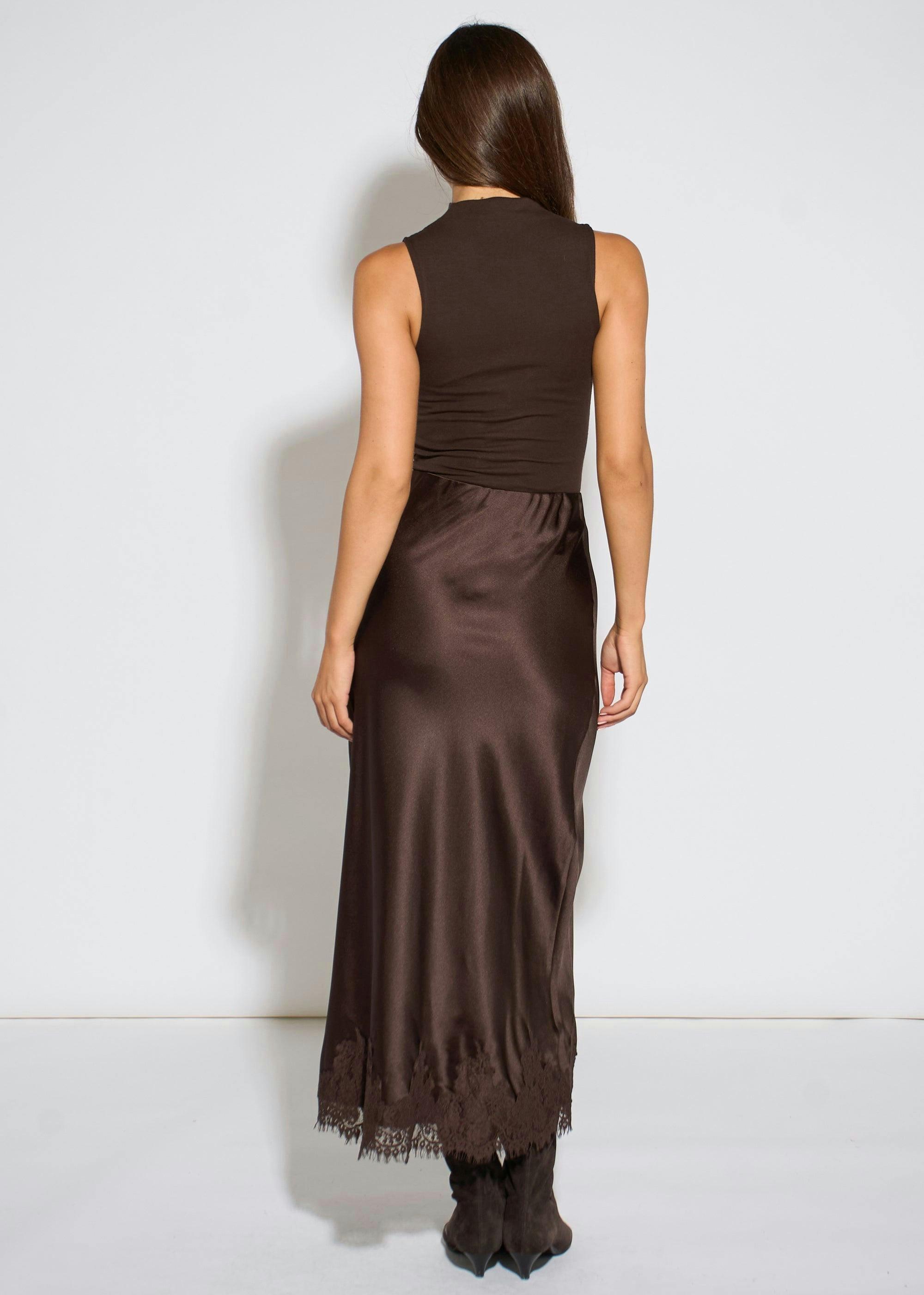 Brown Contrast Lace Trim Satin Bias Skirt , view 2 of 4