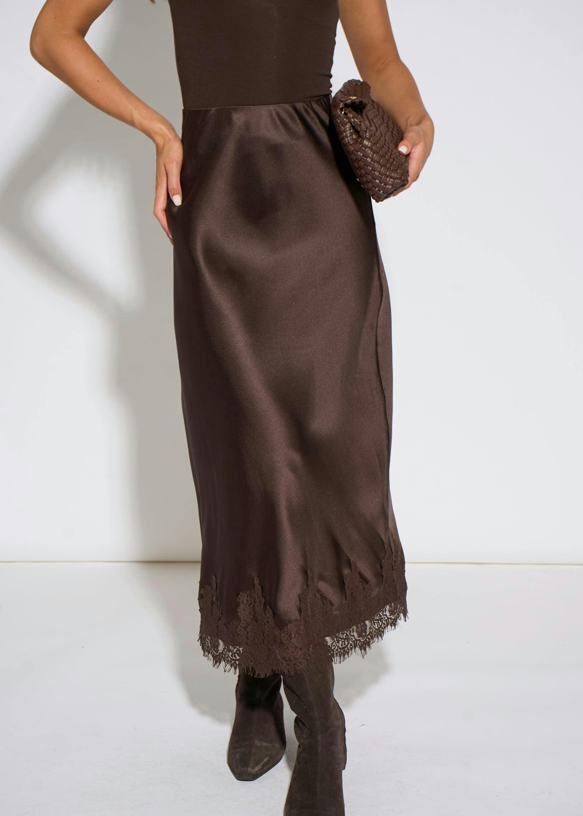 Brown Contrast Lace Trim Satin Bias Skirt , view 3 of 4