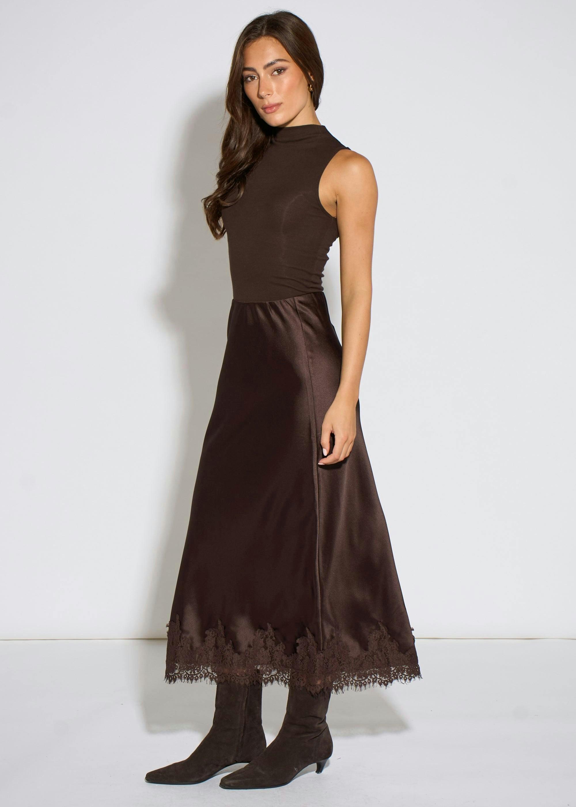 Brown Contrast Lace Trim Satin Bias Skirt , view 4 of 4