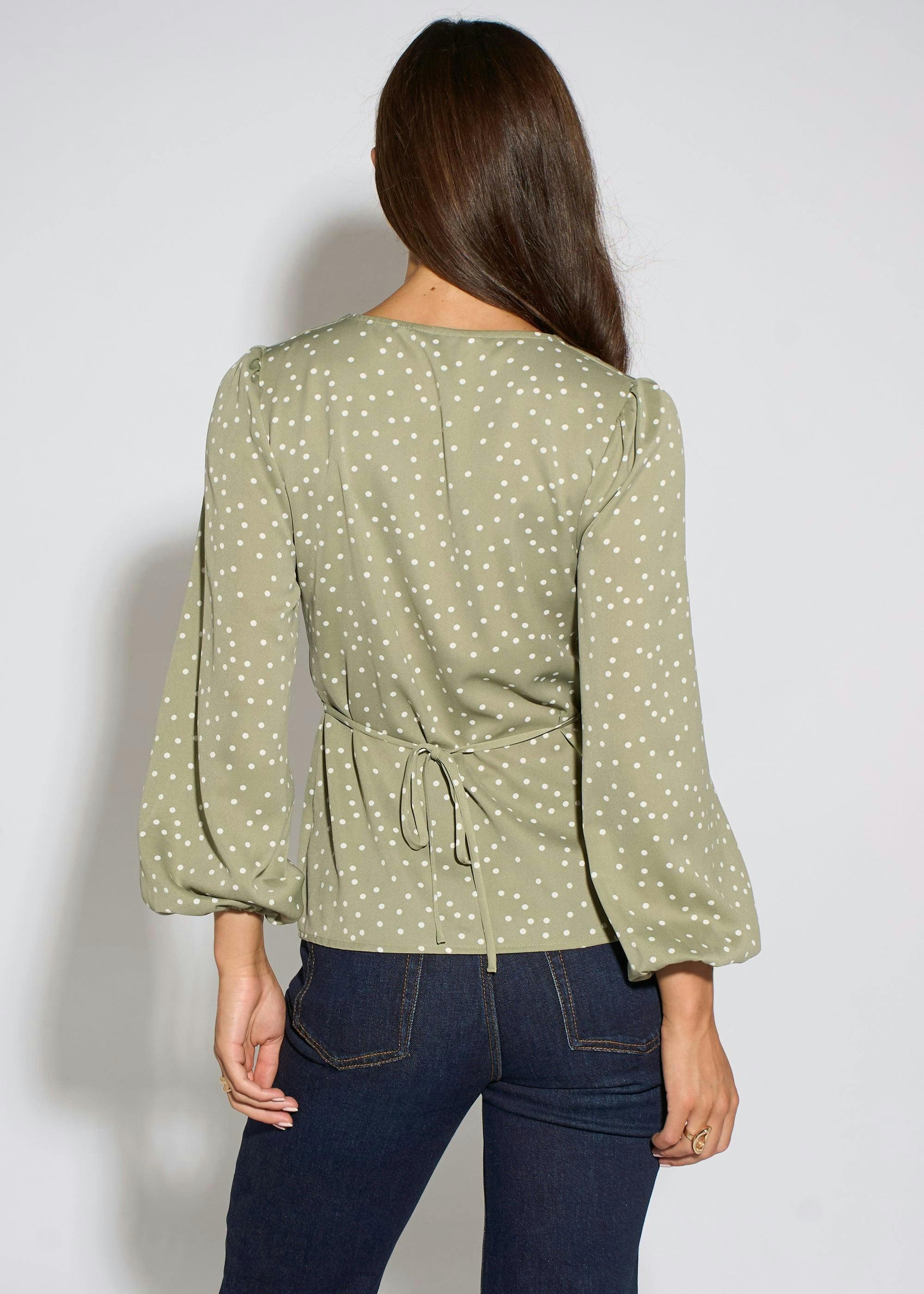 Green V Neck Spot Print Button Front Blouse , view 3 of 6