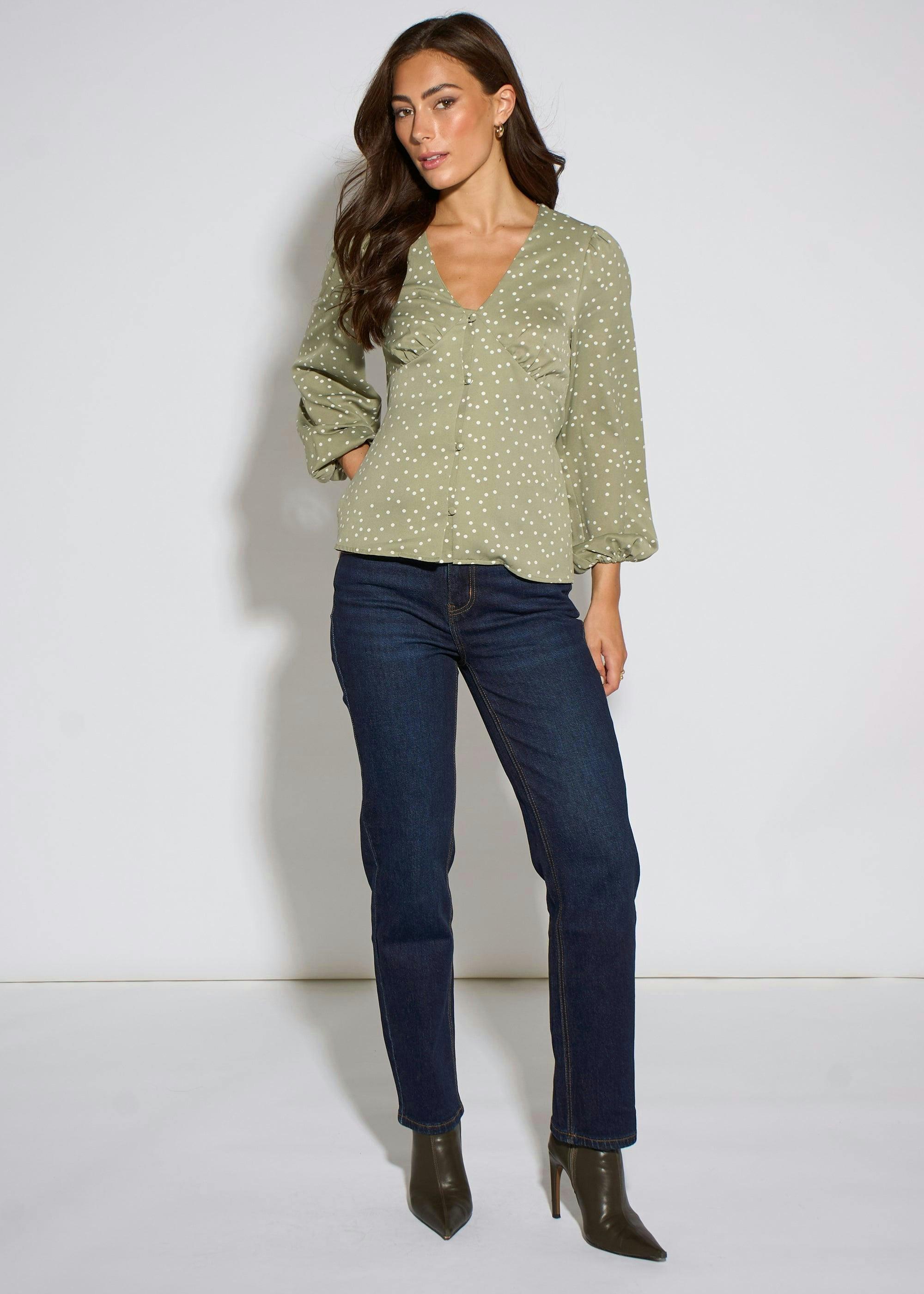 Green V Neck Spot Print Button Front Blouse , view 4 of 6