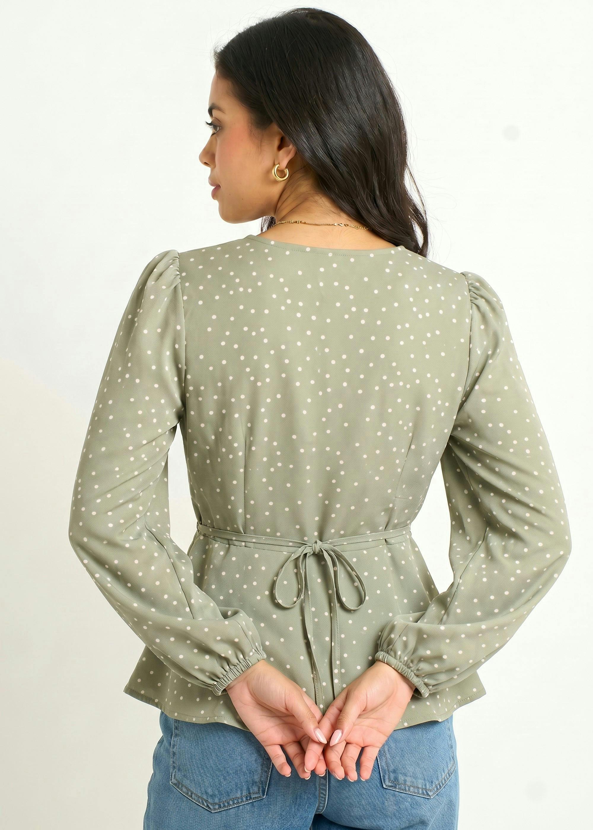 Green V Neck Spot Print Button Front Blouse , view 5 of 6