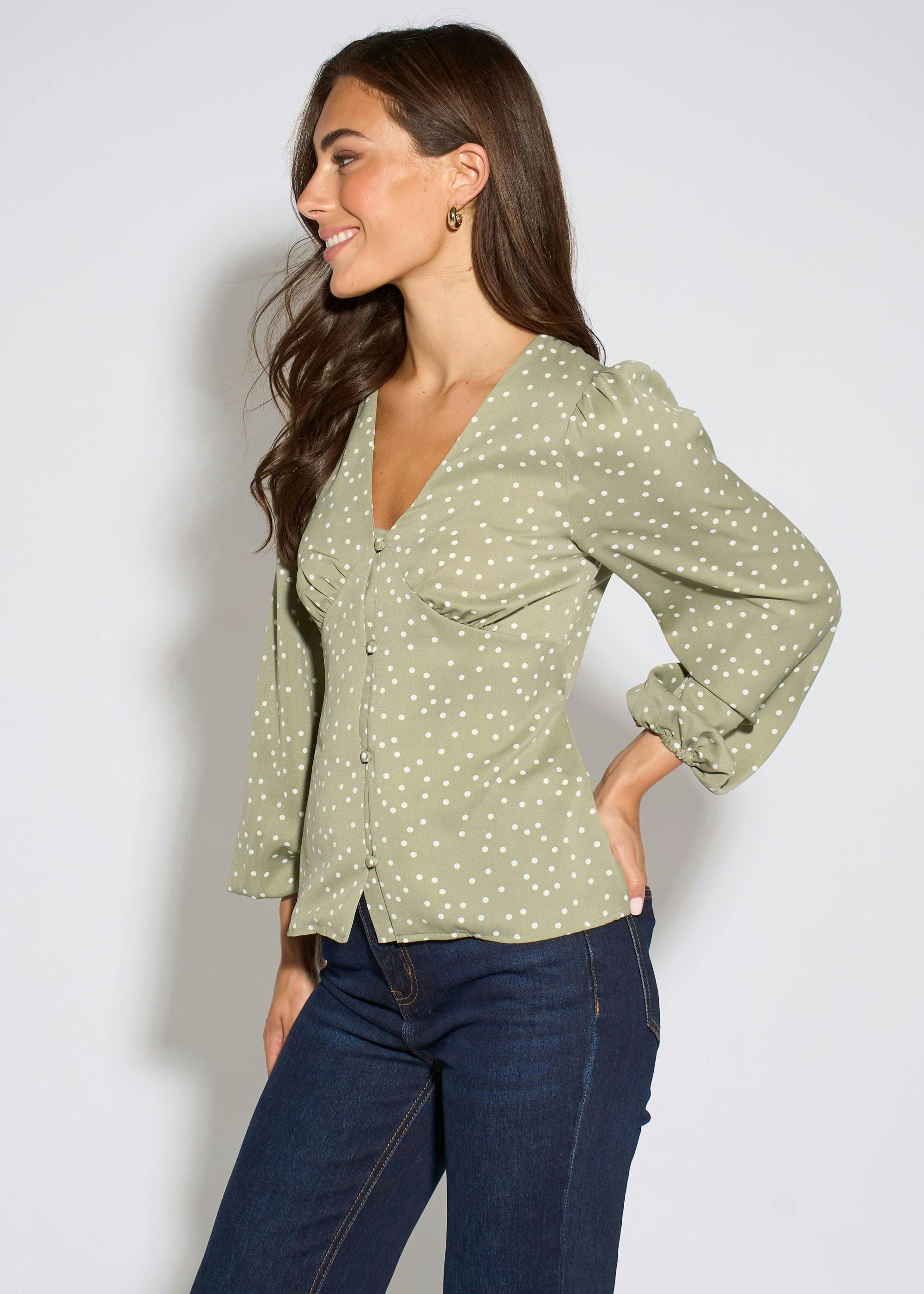 Green V Neck Spot Print Button Front Blouse , view 6 of 6