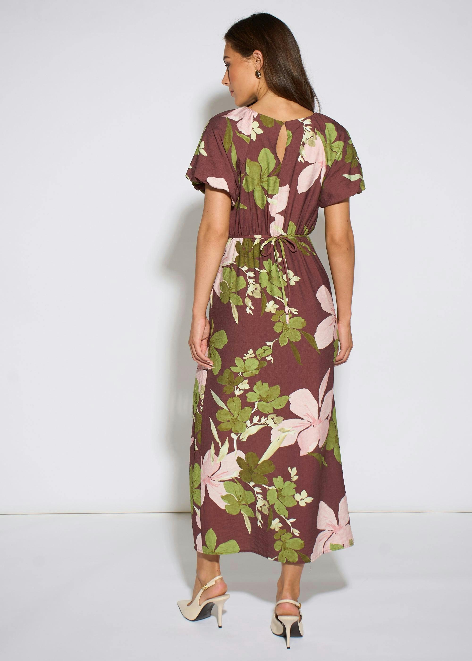 Brown Floral Puff Sleeves Midi Dress , view 2 of 4