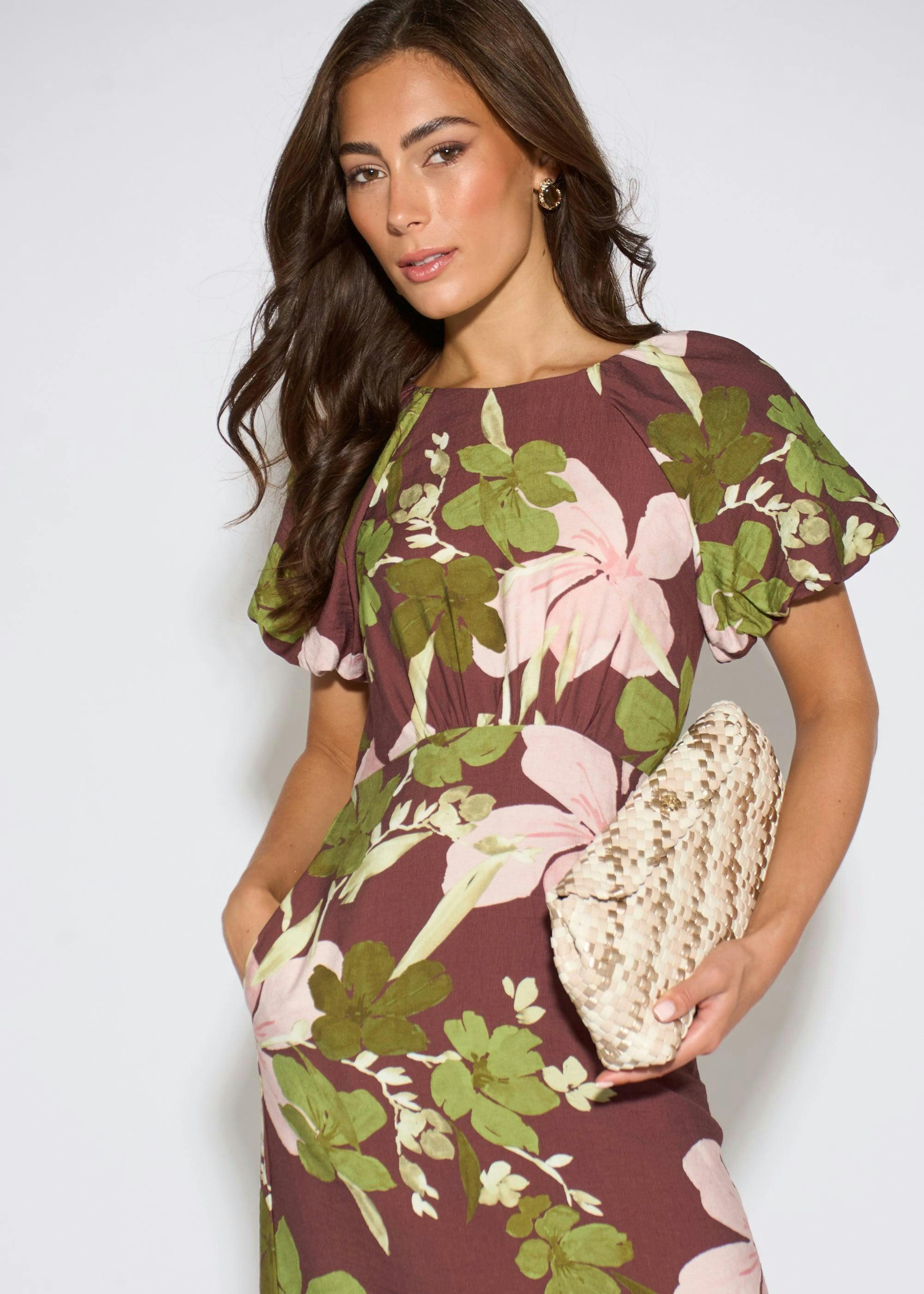 Brown Floral Puff Sleeves Midi Dress , view 3 of 4