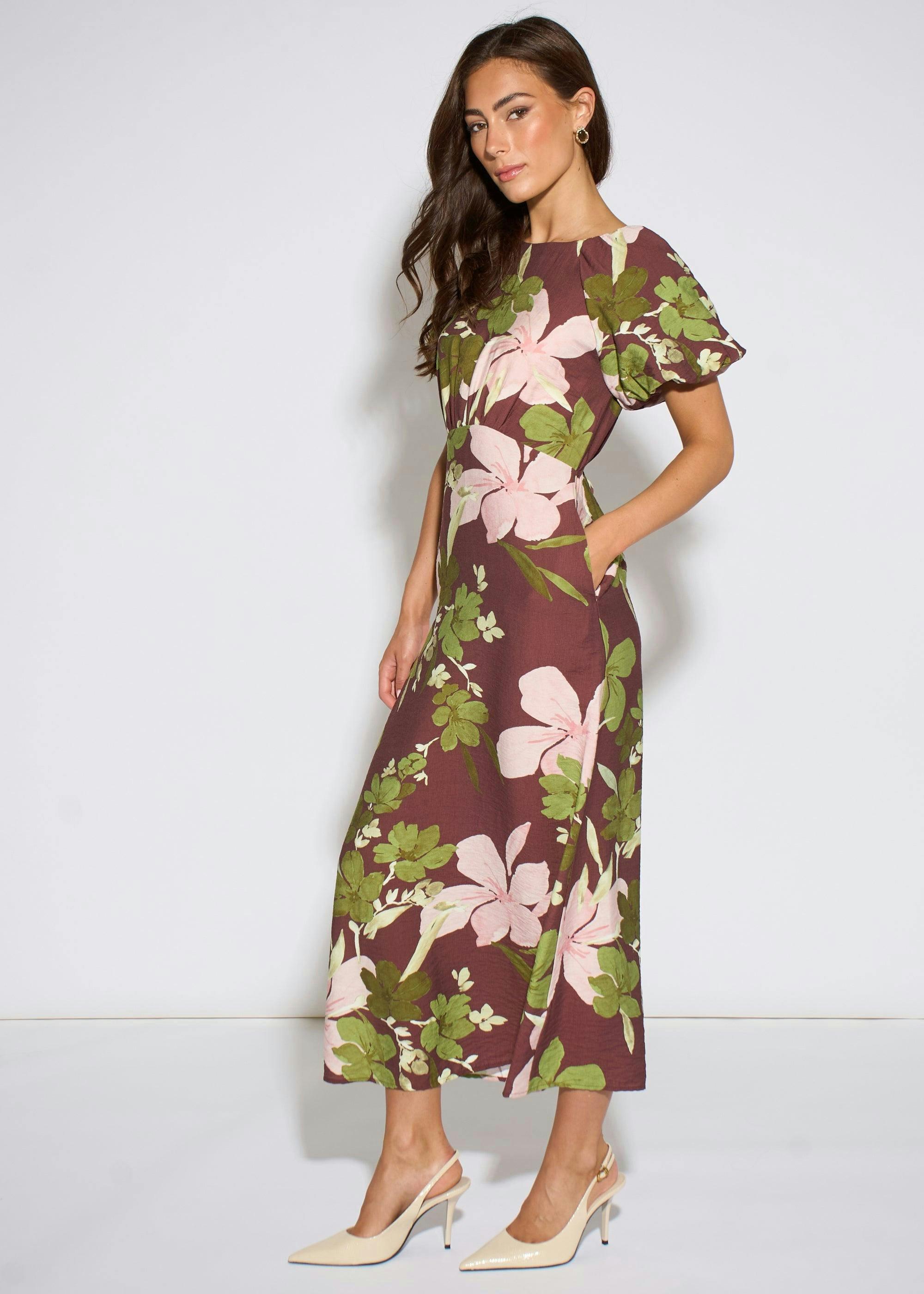 Brown Floral Puff Sleeves Midi Dress , view 4 of 4