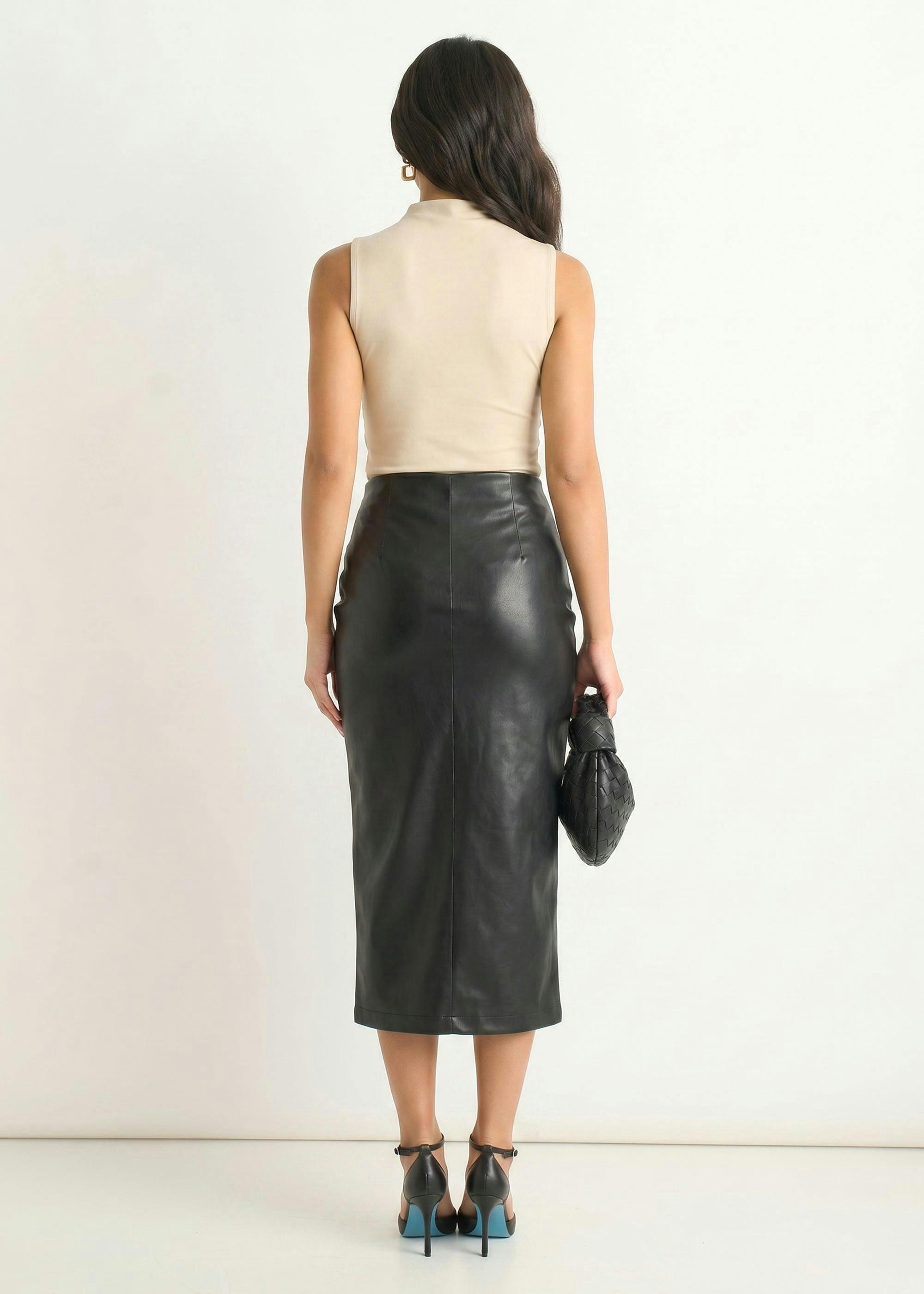 Black Faux Leather Ruched Side Pencil Skirt , view 3 of 6