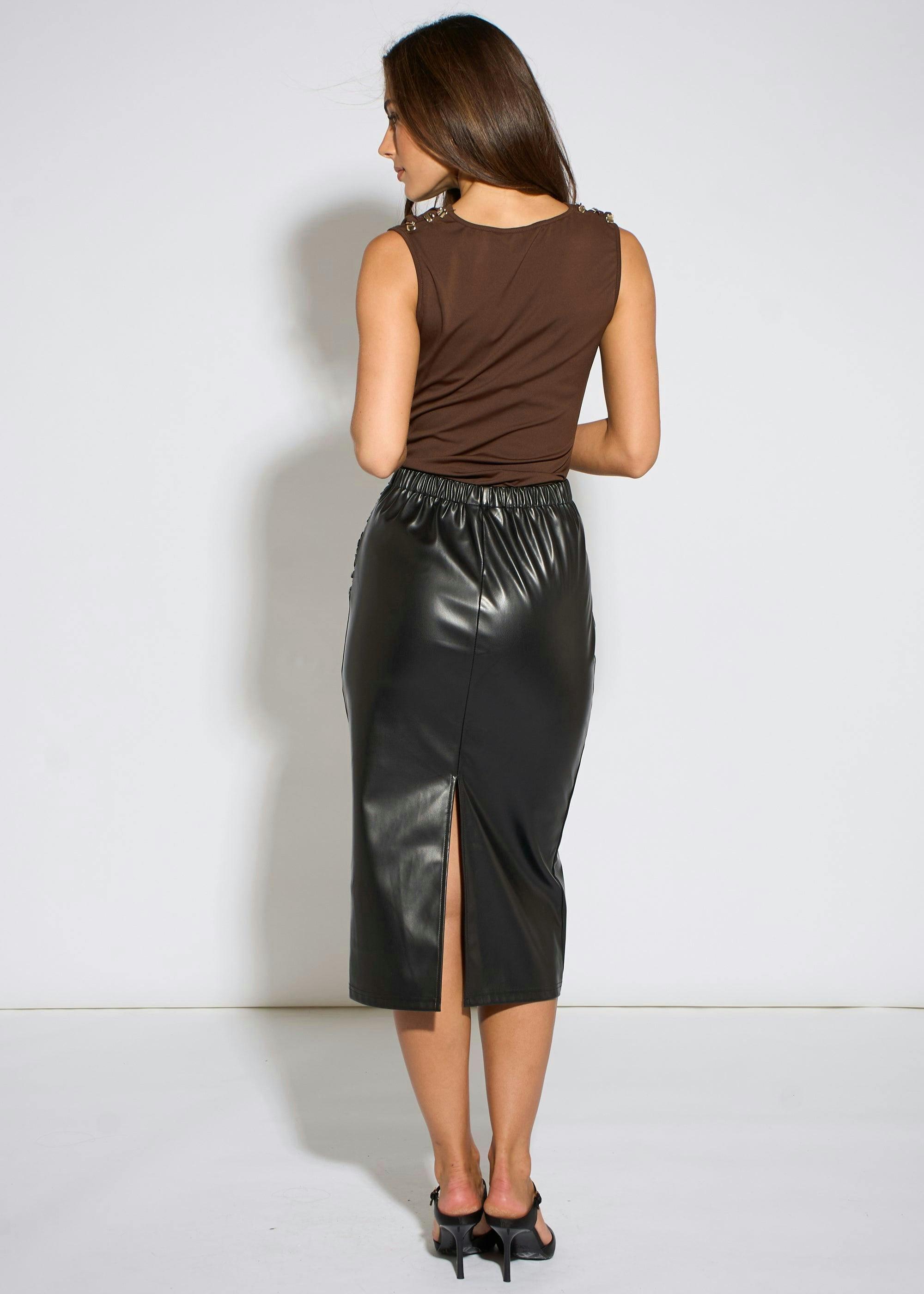 Black Faux Leather Ruched Side Pencil Skirt , view 4 of 6