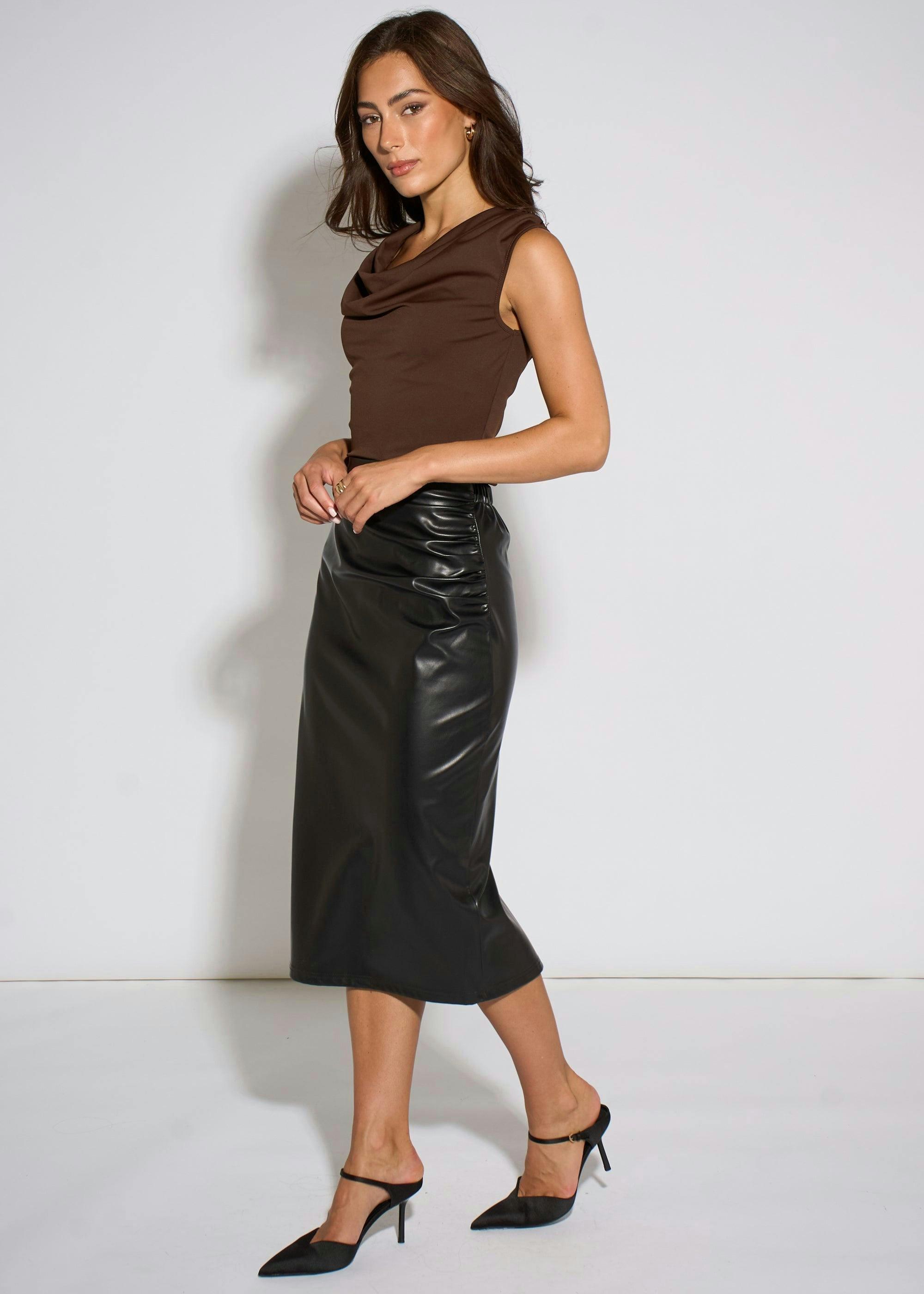 Black Faux Leather Ruched Side Pencil Skirt , view 6 of 6