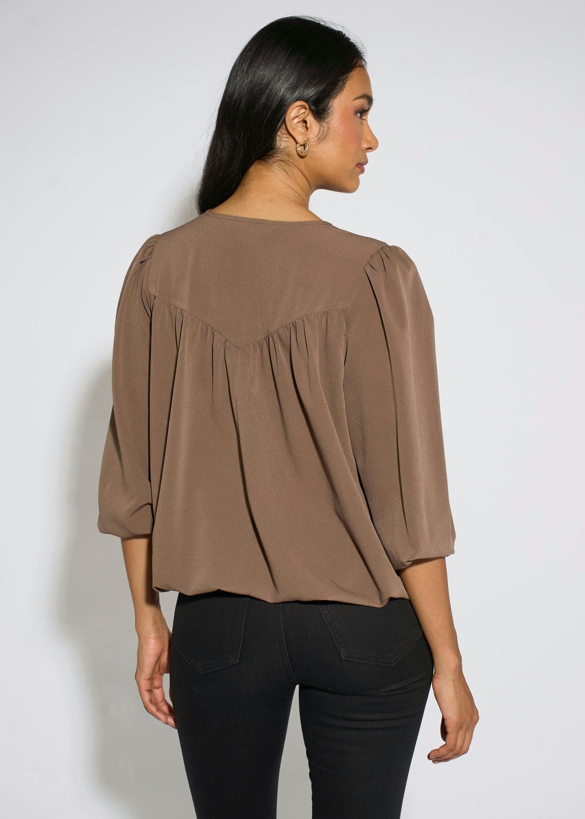 Mocha Lace Trim Bubble Hem Blouse , view 2 of 4