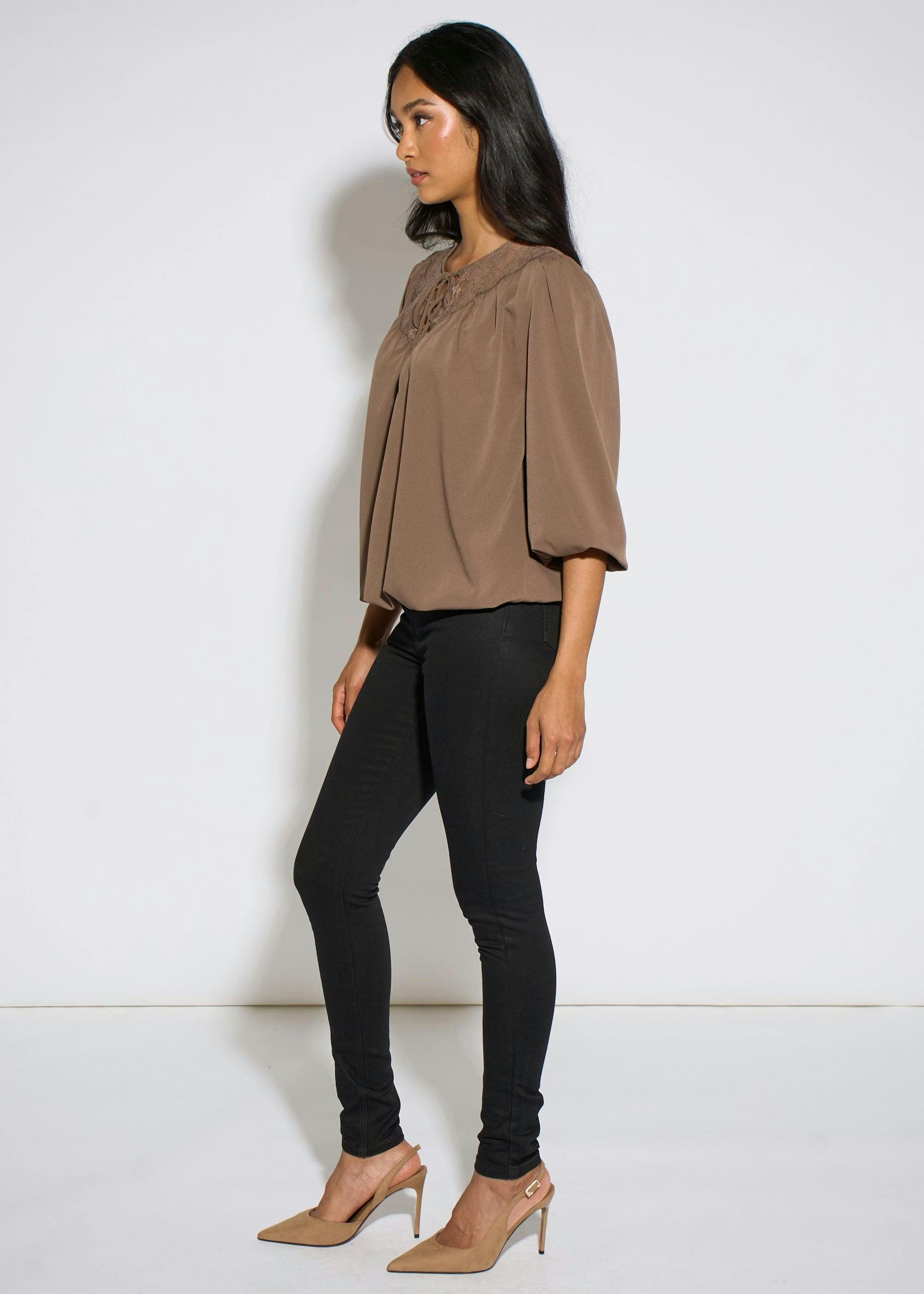 Mocha Lace Trim Bubble Hem Blouse , view 4 of 4