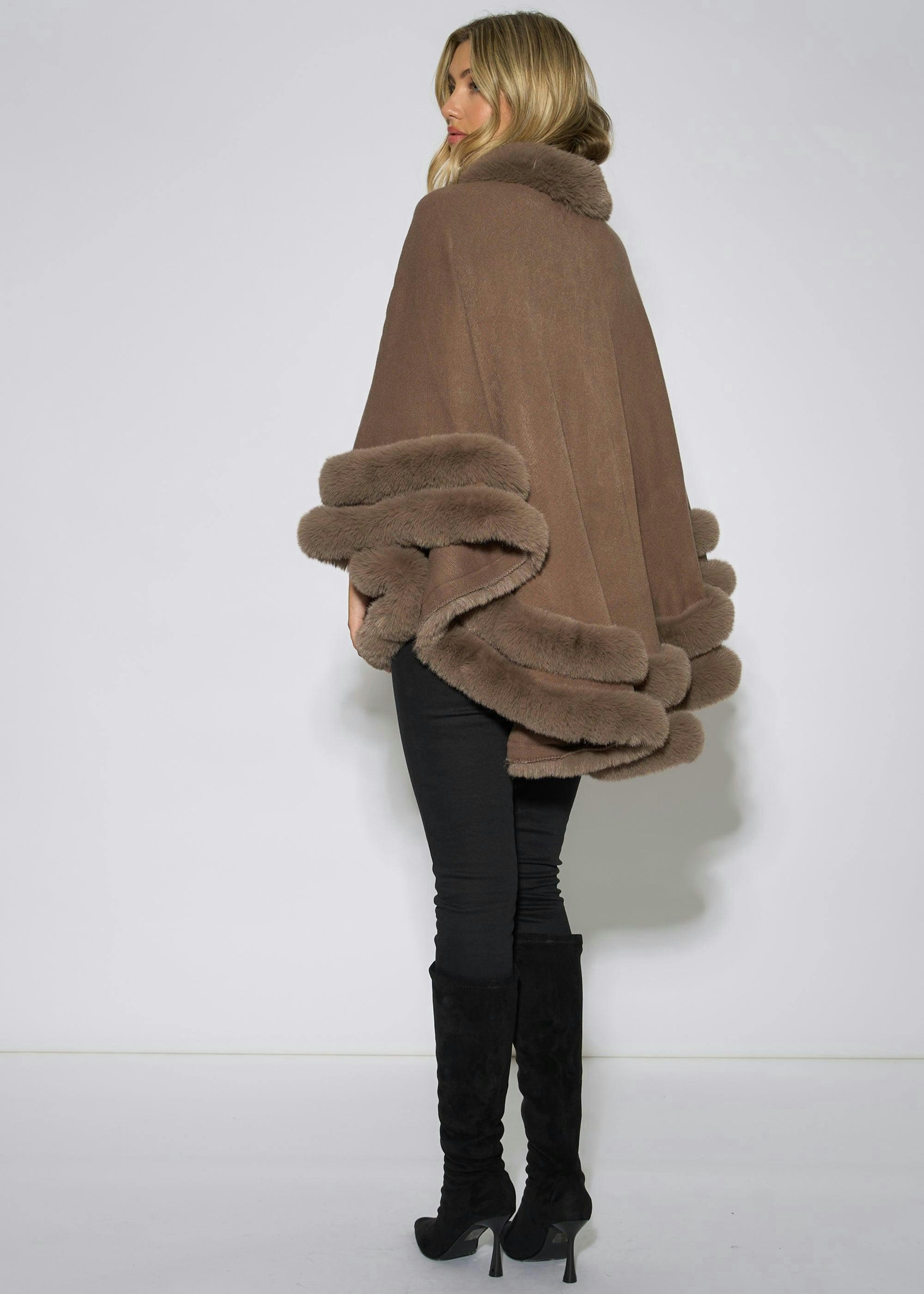 Brown Double Layer Fur Trim Cape , view 2 of 4